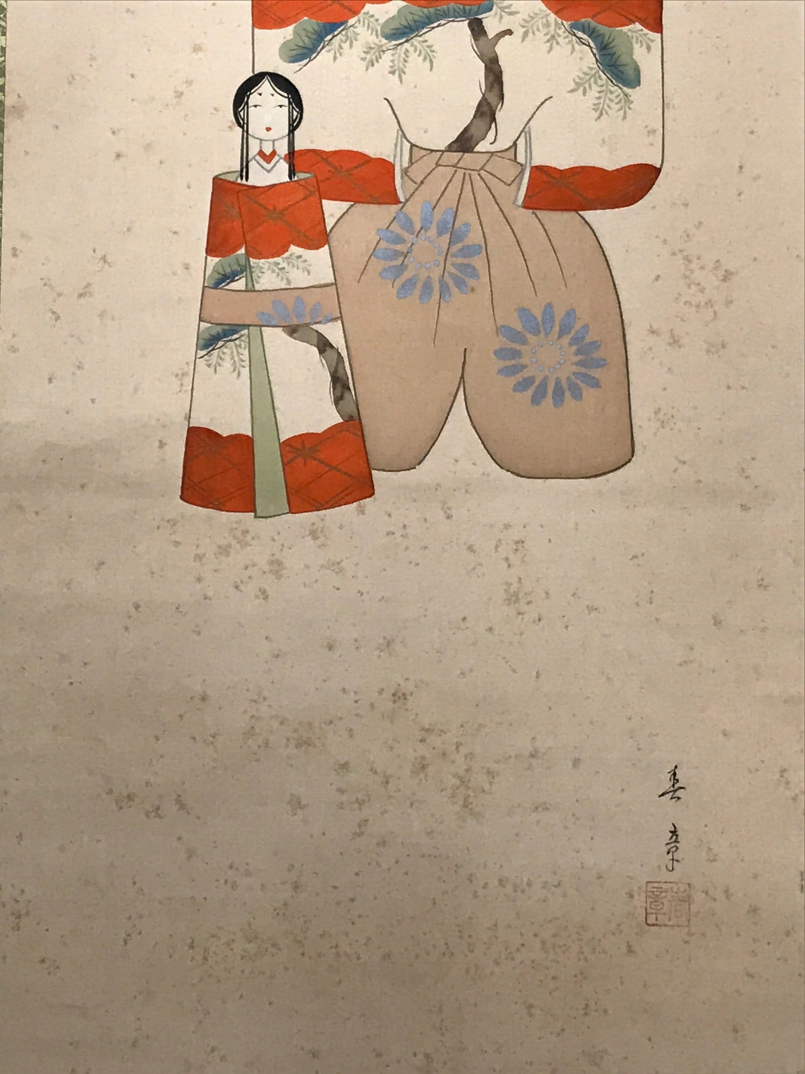 Japanese Boxed Hanging Scroll Vtg Kakejiku Standing Hina Dolls Portrait KJ159