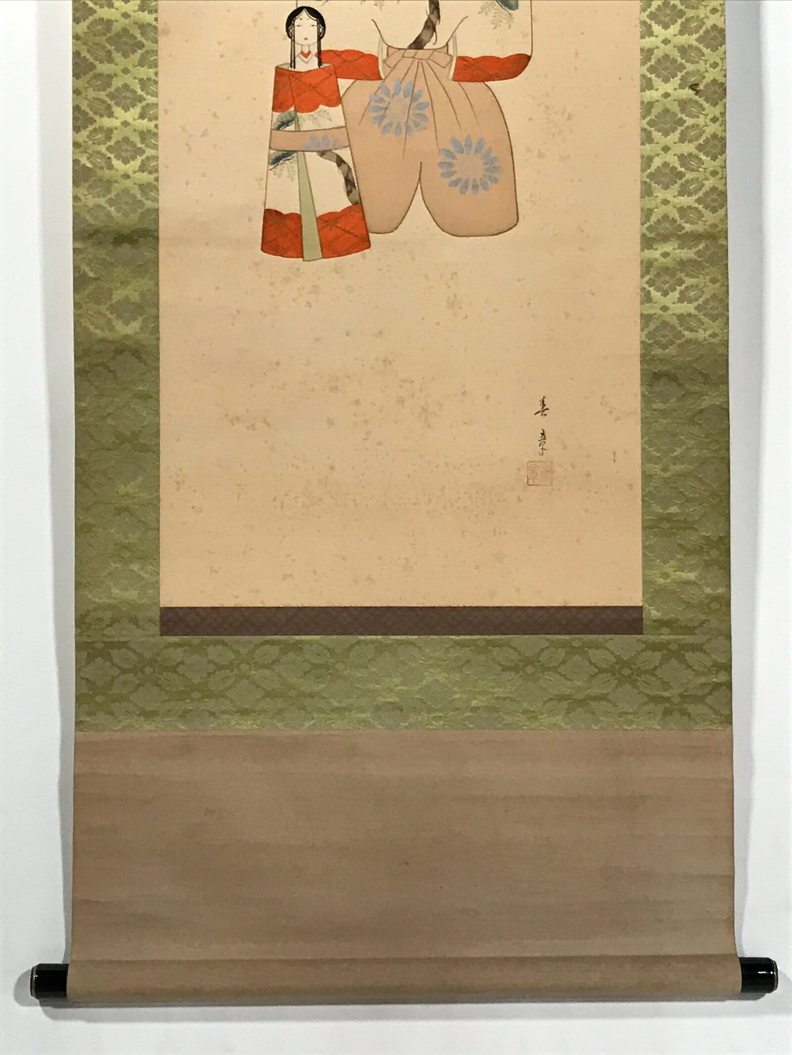 Japanese Boxed Hanging Scroll Vtg Kakejiku Standing Hina Dolls Portrait KJ159