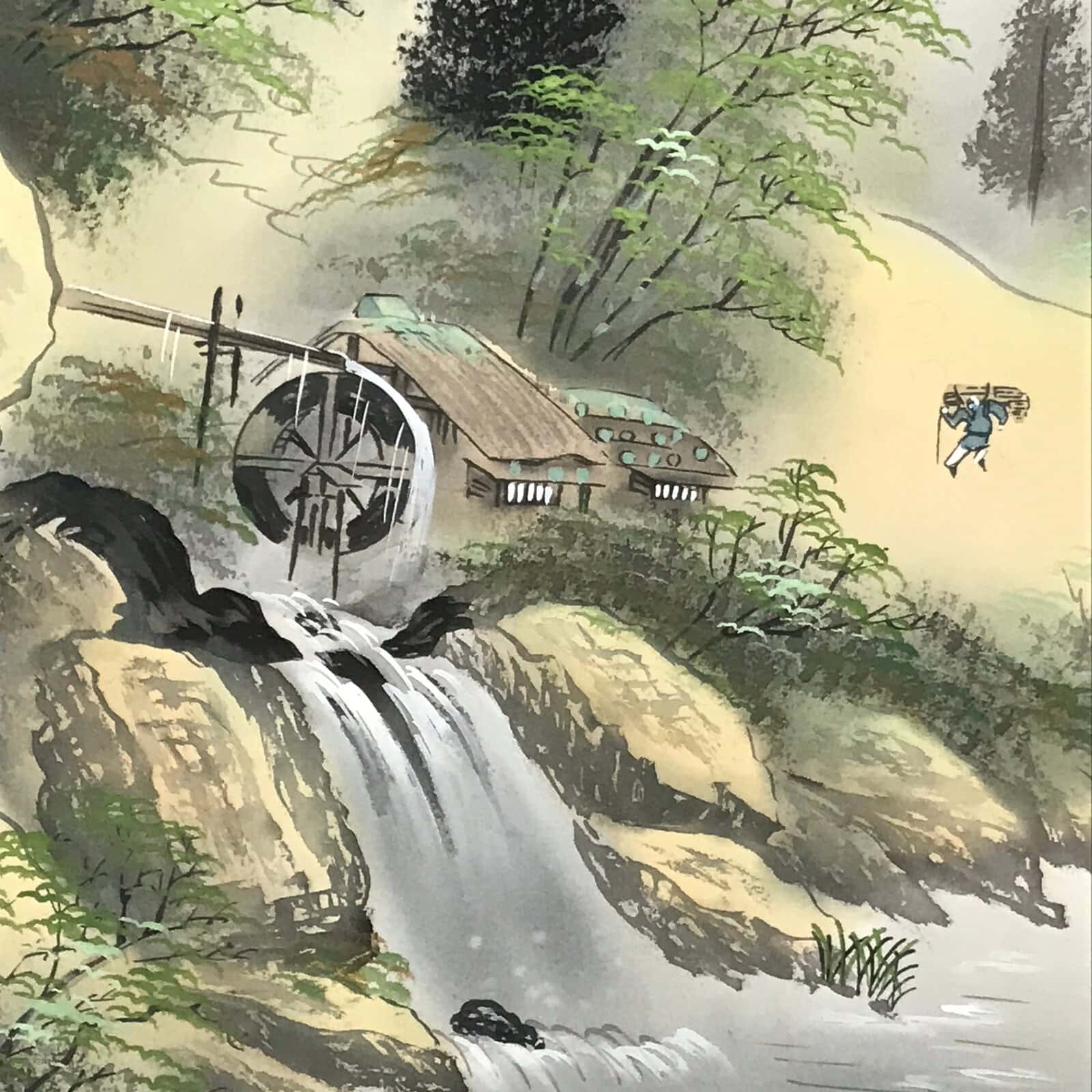 Japanese Boxed Hanging Scroll Vtg Kakejiku Water Mill Mountain House Color KJ146