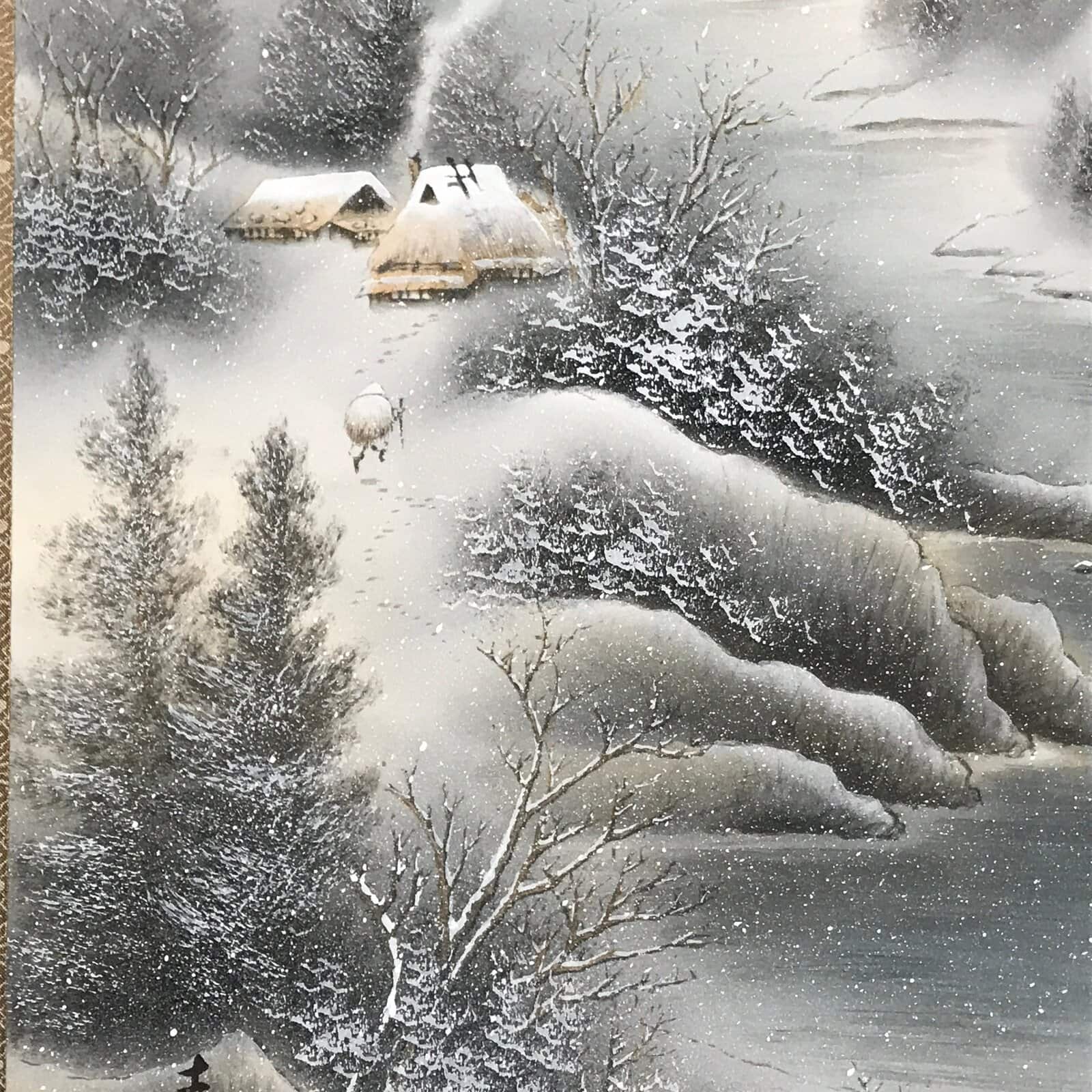 Japanese Boxed Hanging Scroll Vtg Kakejiku Winter Landscape Mountain Snow KJ148