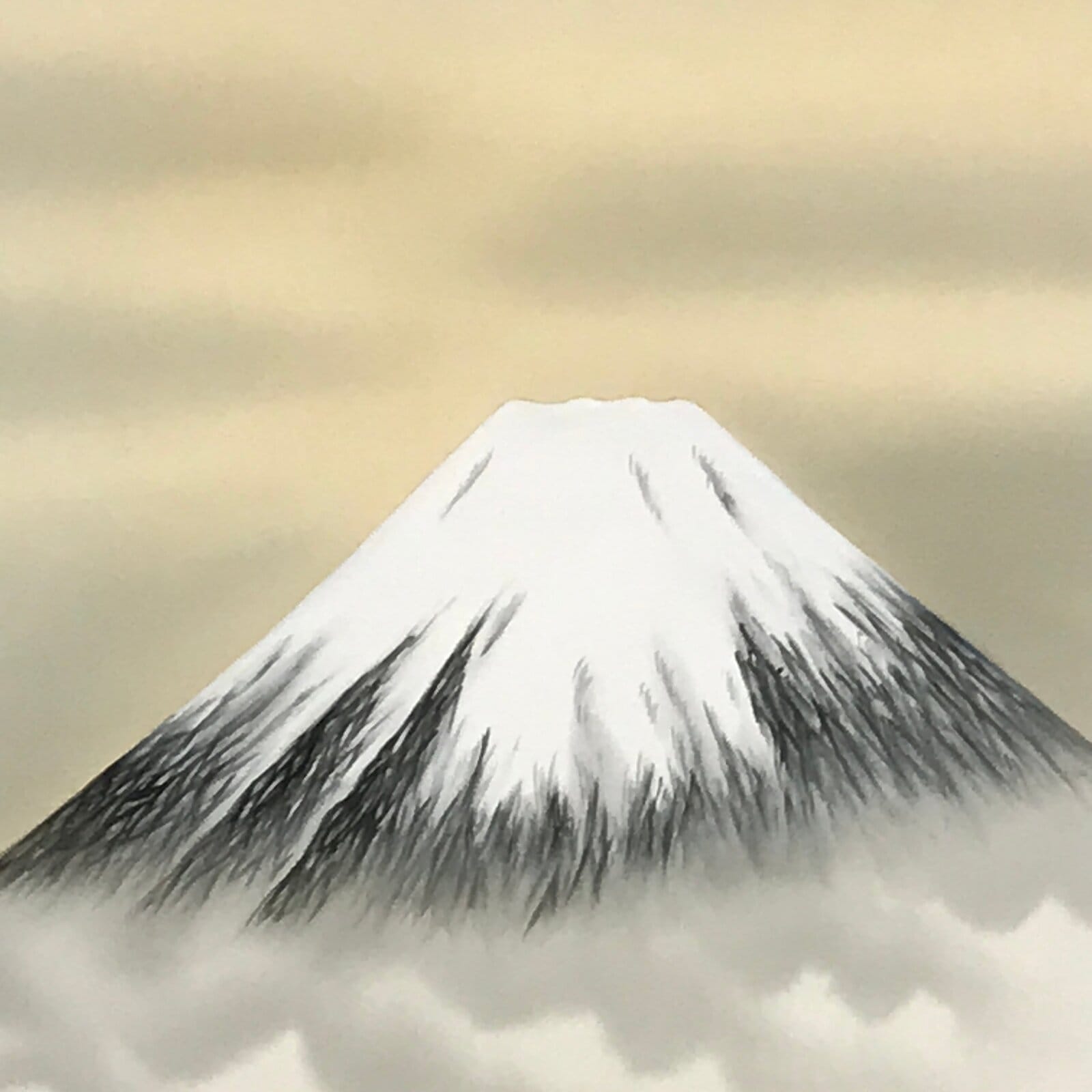 Japanese Boxed Hanging Scroll Vtg Mt Fuji Clouds Lake Color Kakejiku SC979