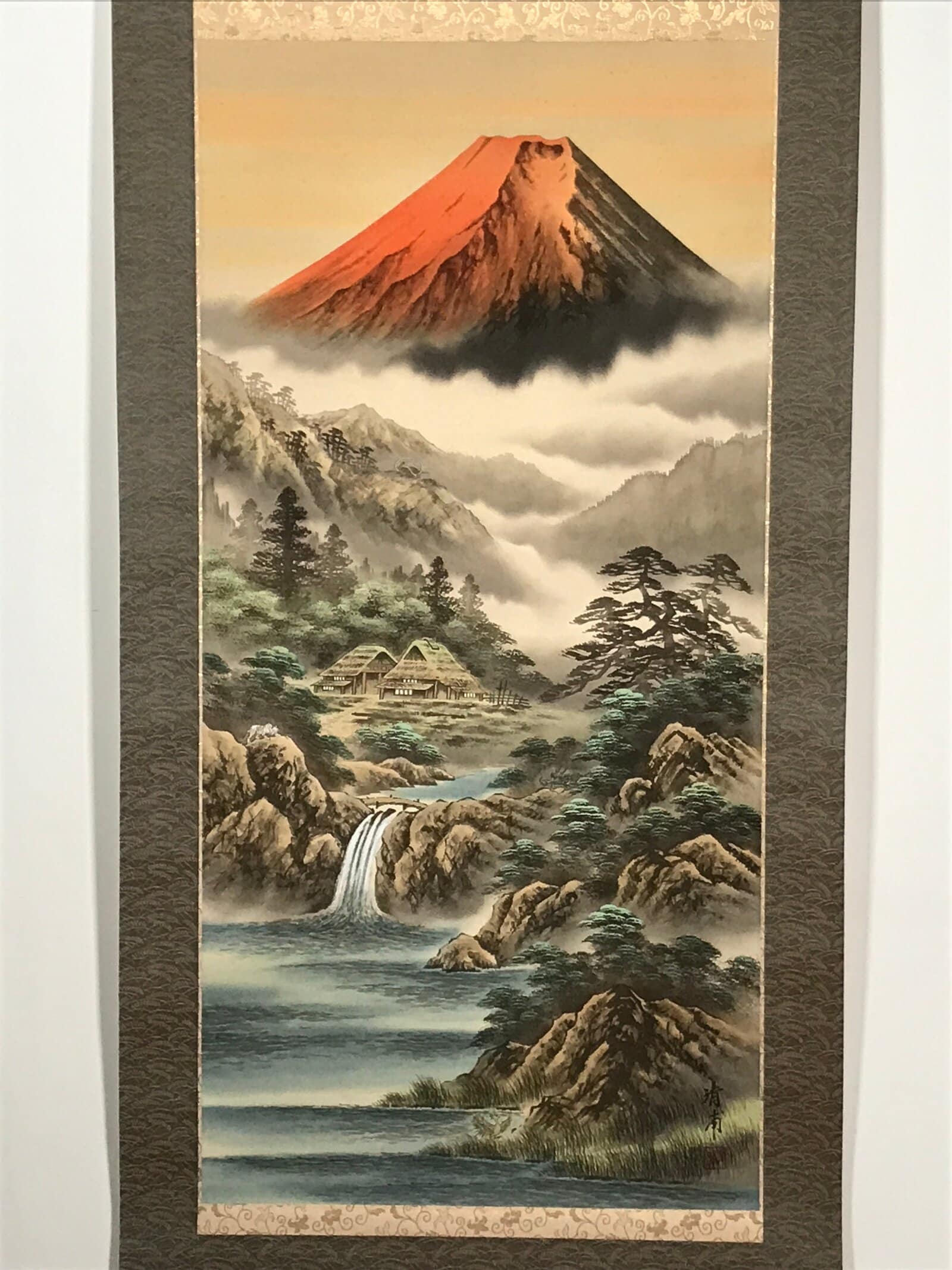 Japanese Boxed Hanging Scroll Vtg Red Fuji Mountains River Sansui SC951
