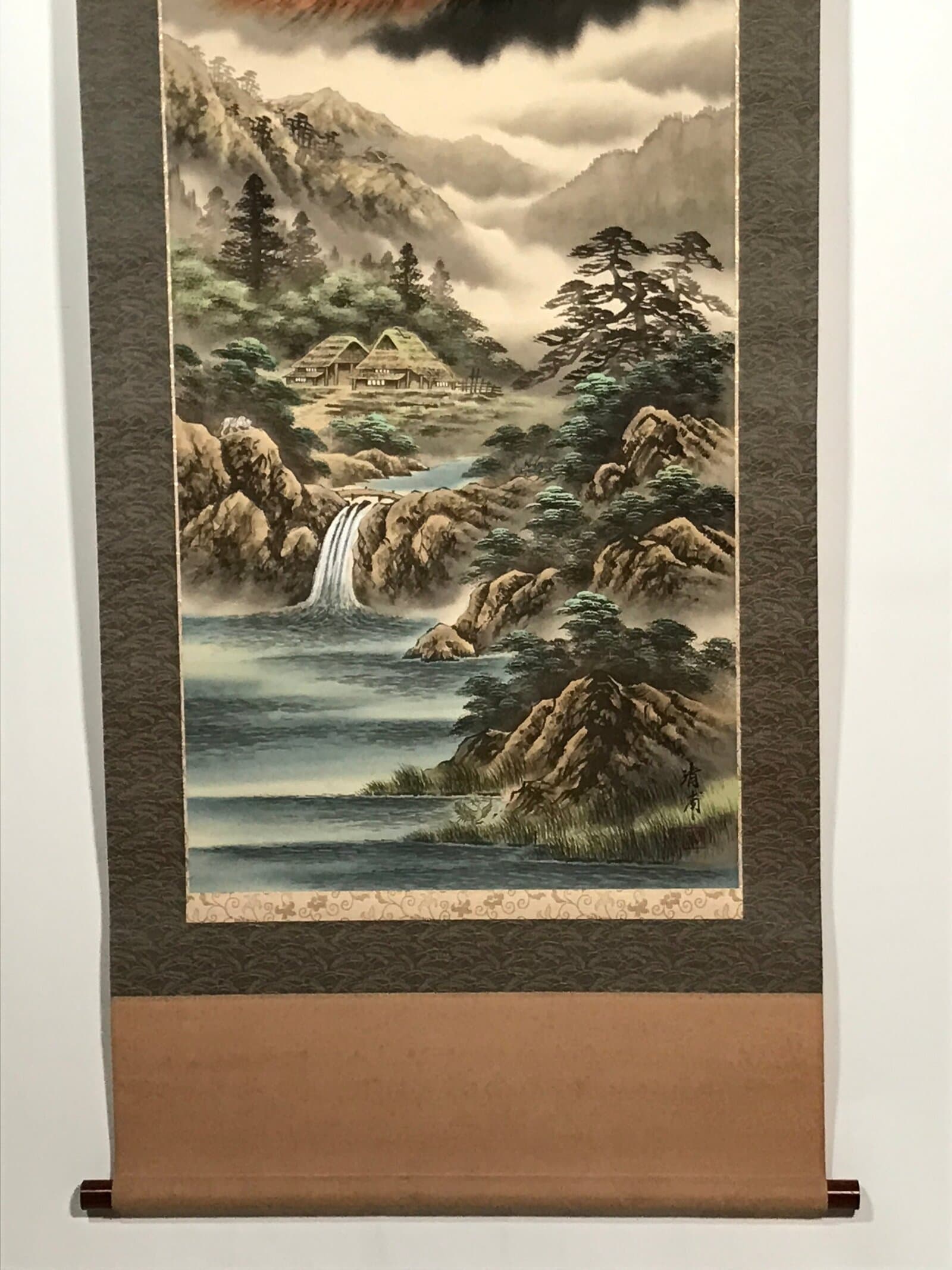 Japanese Boxed Hanging Scroll Vtg Red Fuji Mountains River Sansui SC951
