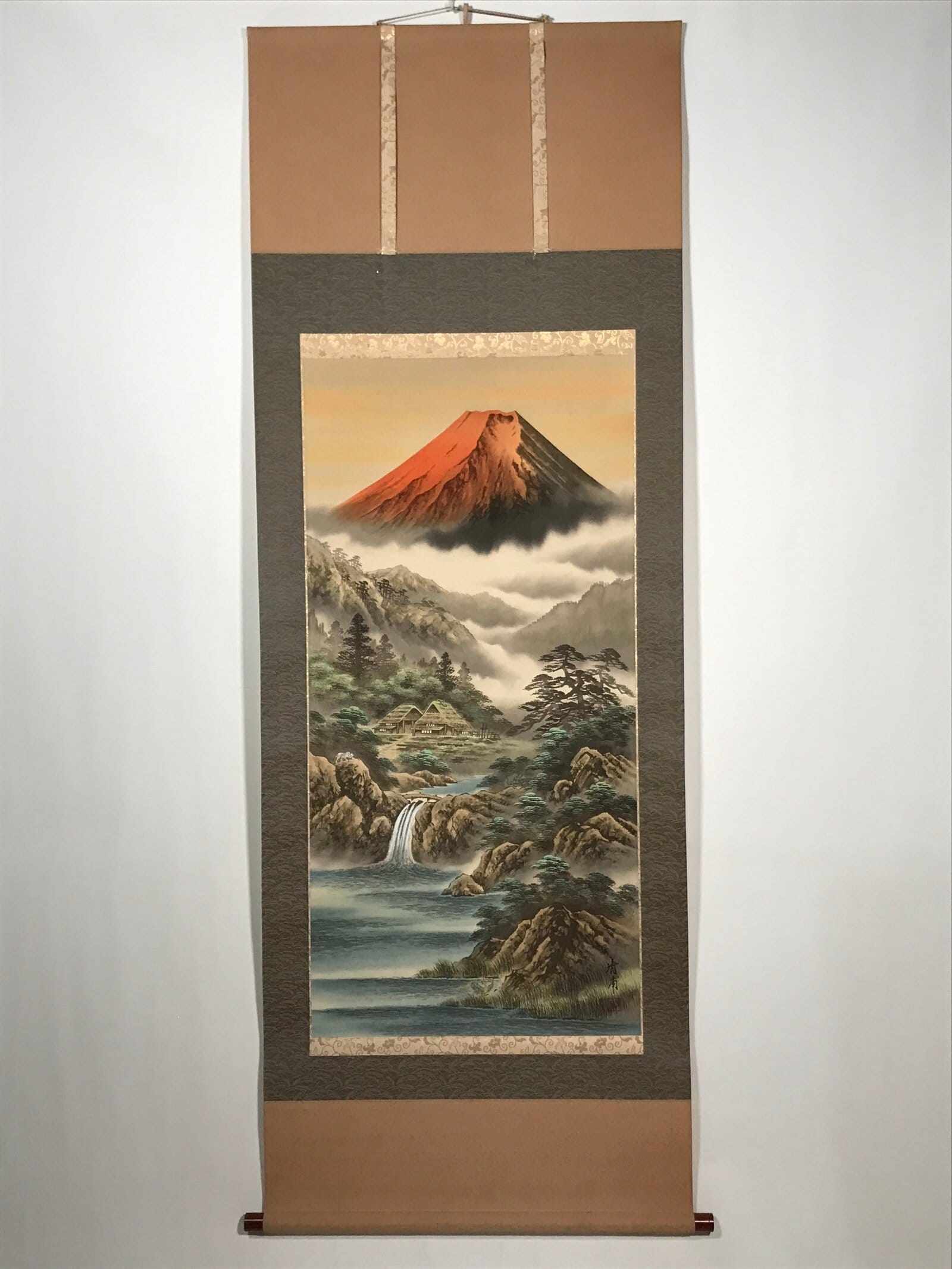 Japanese Boxed Hanging Scroll Vtg Red Fuji Mountains River Sansui SC951