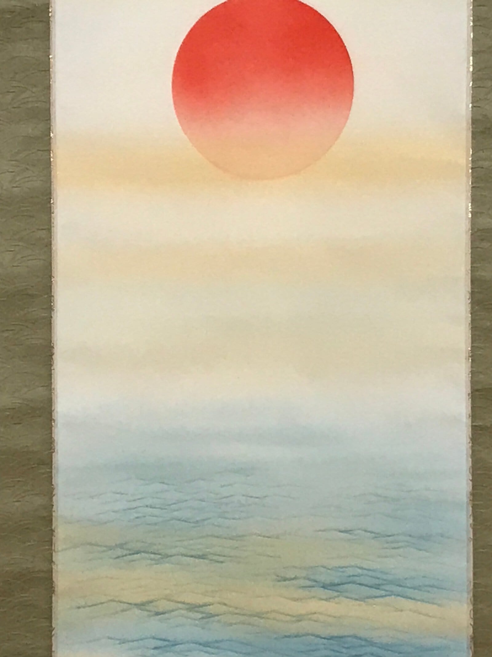 Japanese Boxed Hanging Scroll Vtg Red Rising Sun Calm Waves Kakejiku SC975