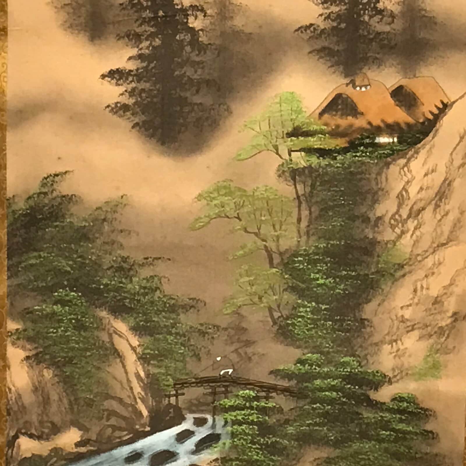 Japanese Boxed Hanging Scroll Vtg River Bridge Houses Mountains Sansui SC954