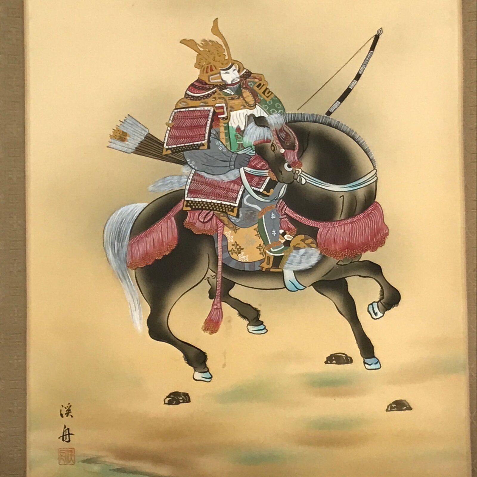 Japanese Boxed Hanging Scroll Vtg Samurai Horse Mount Fuji Color Kakejiku KJ38