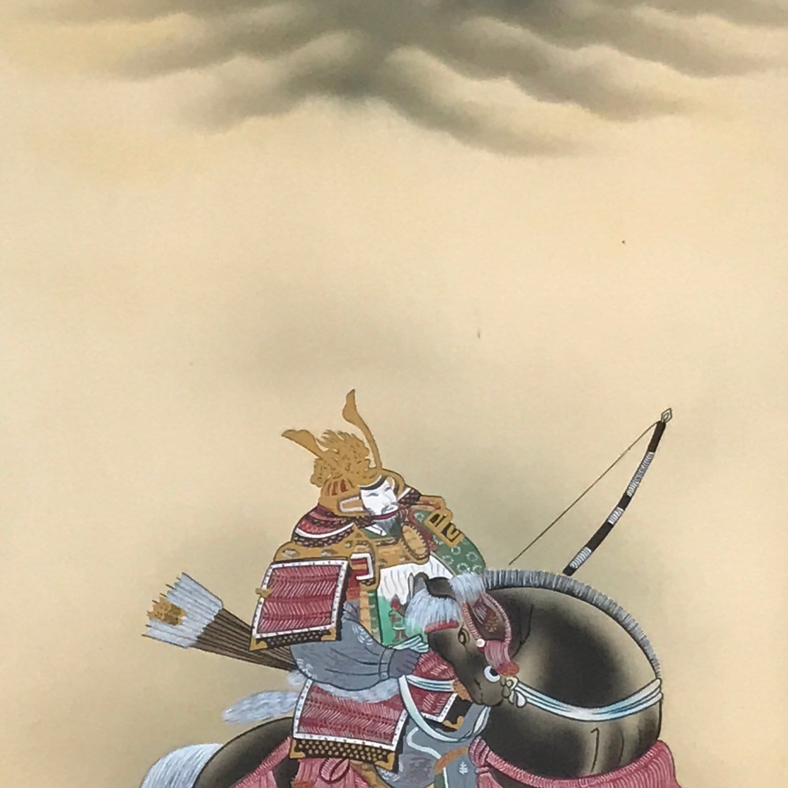 Japanese Boxed Hanging Scroll Vtg Samurai Horse Mount Fuji Color Kakejiku KJ38