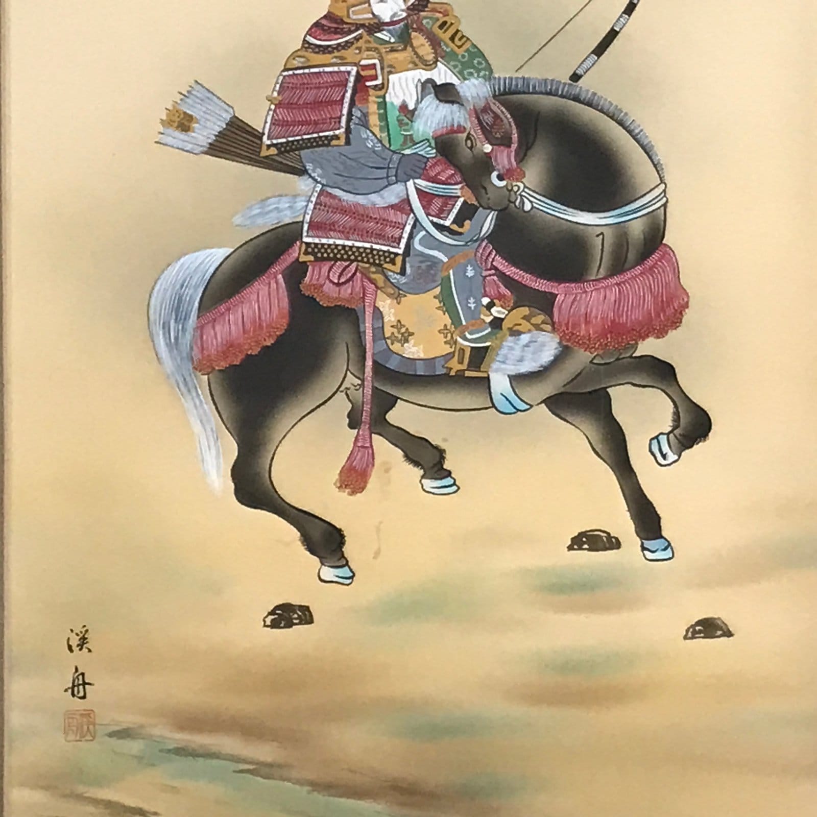 Japanese Boxed Hanging Scroll Vtg Samurai Horse Mount Fuji Color Kakejiku KJ38