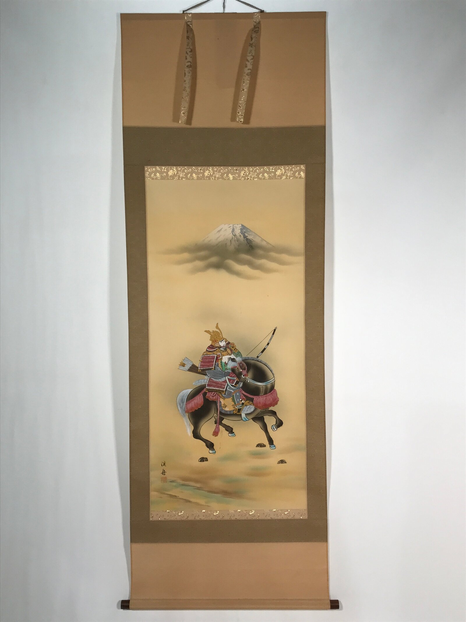 Japanese Boxed Hanging Scroll Vtg Samurai Horse Mount Fuji Color Kakejiku KJ38
