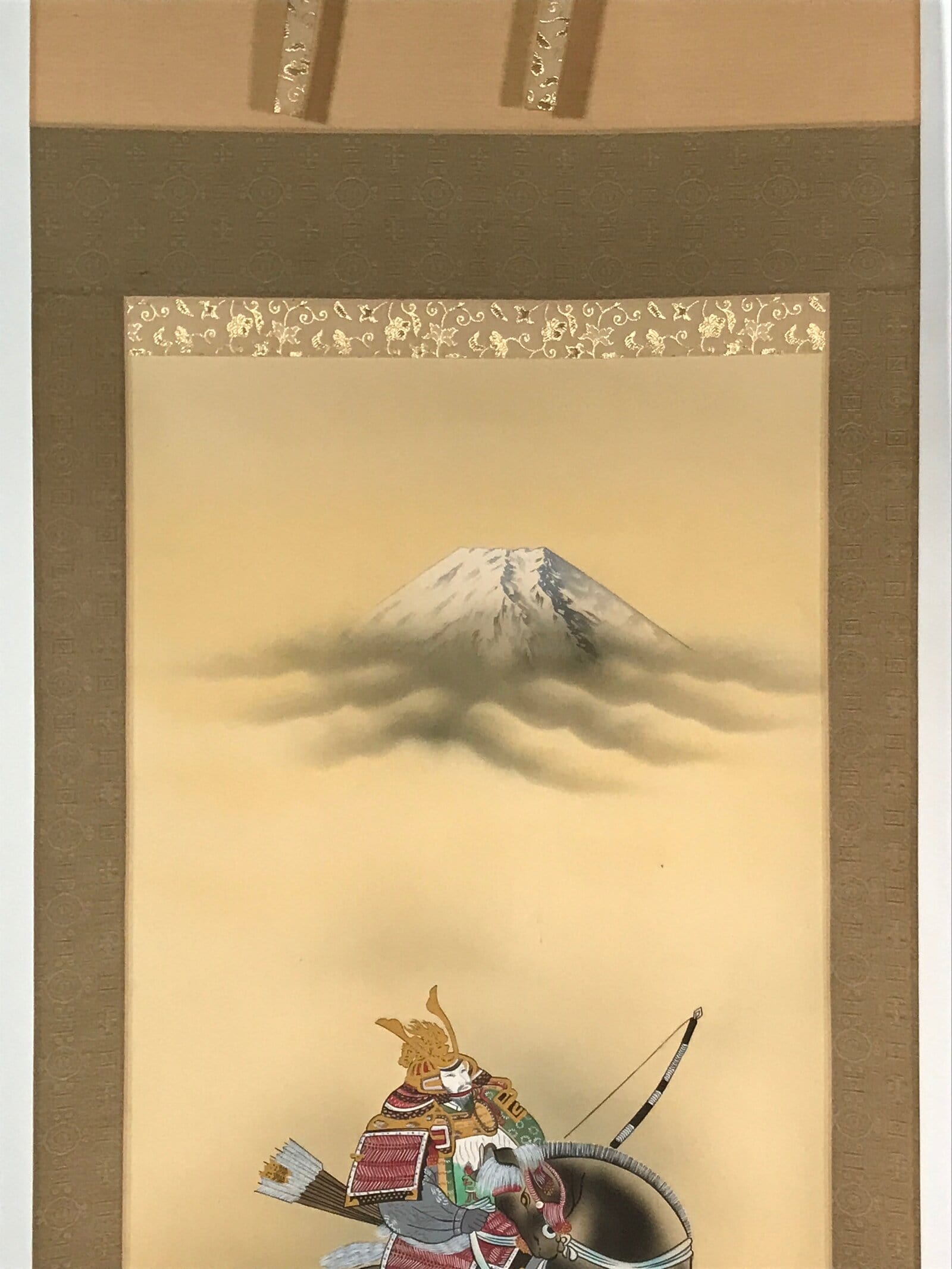 Japanese Boxed Hanging Scroll Vtg Samurai Horse Mount Fuji Color Kakejiku KJ38