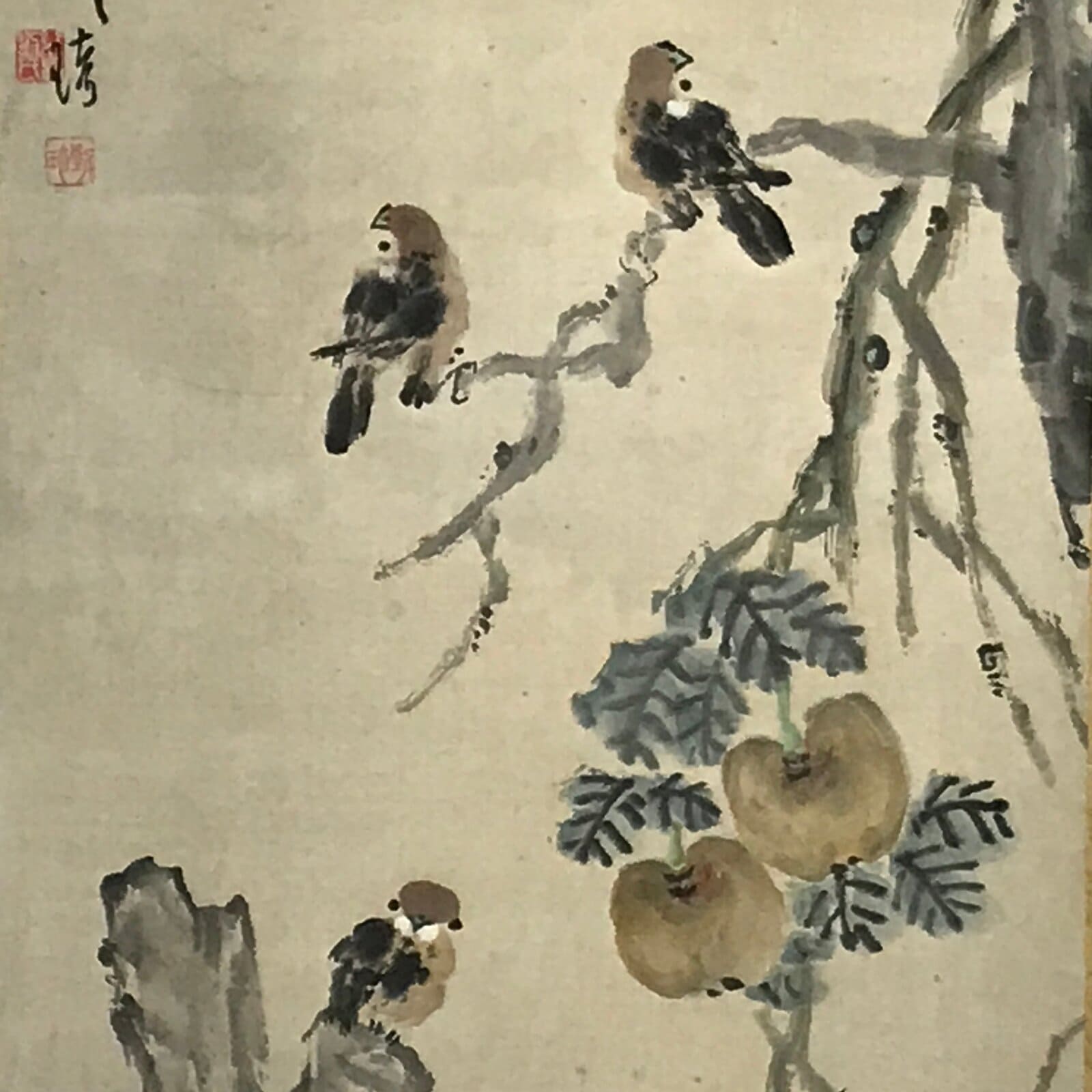 Japanese Boxed Hanging Scroll Vtg Small Birds Flowers Kacho Kakejiku SC985