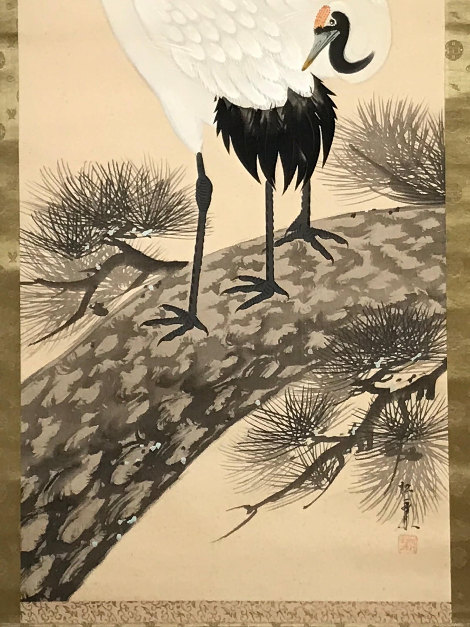 Japanese Boxed Hanging Scroll Vtg Two Cranes Pine Tree Red Sun Kakejiku SC956