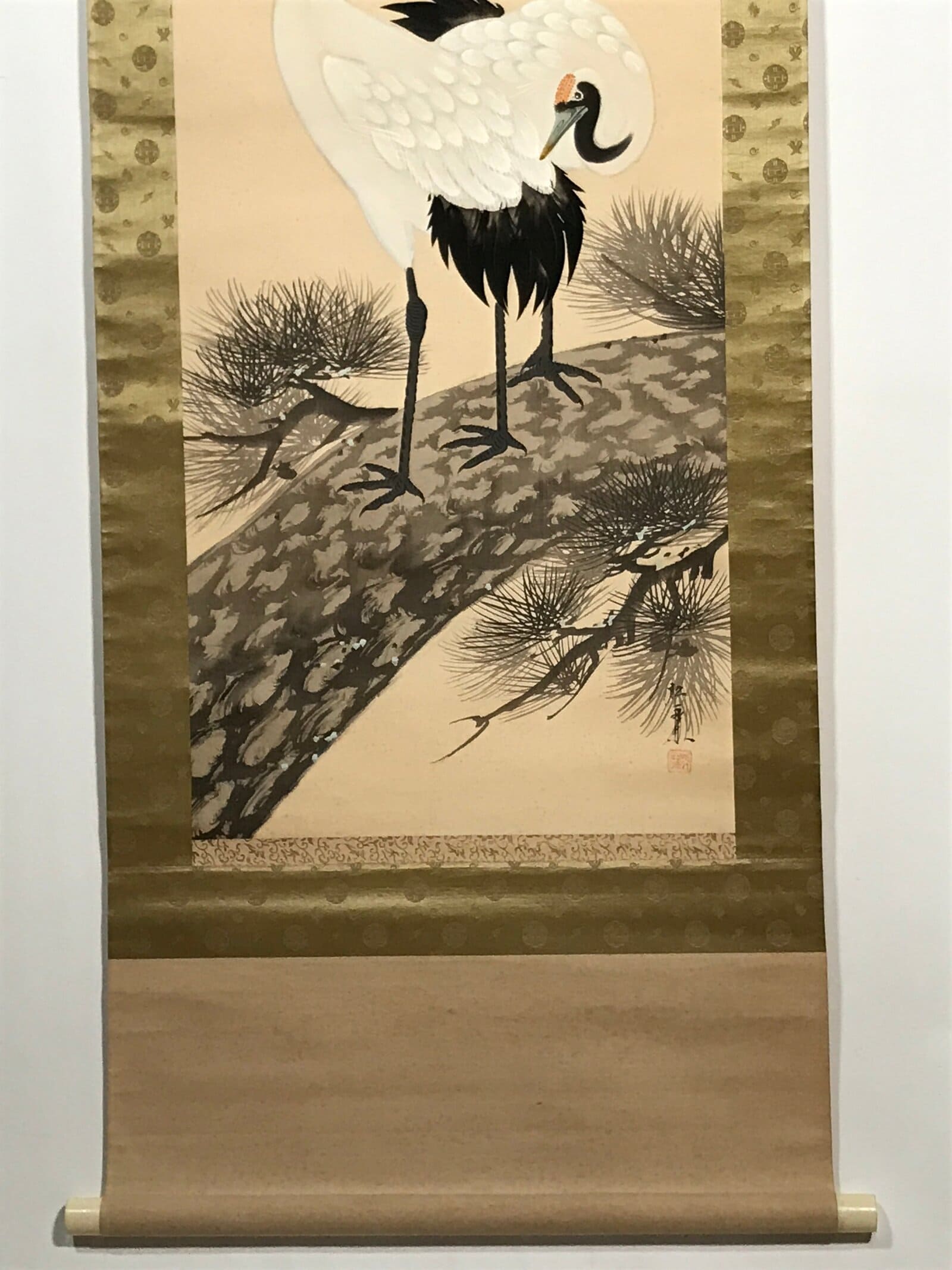 Japanese Boxed Hanging Scroll Vtg Two Cranes Pine Tree Red Sun Kakejiku SC956
