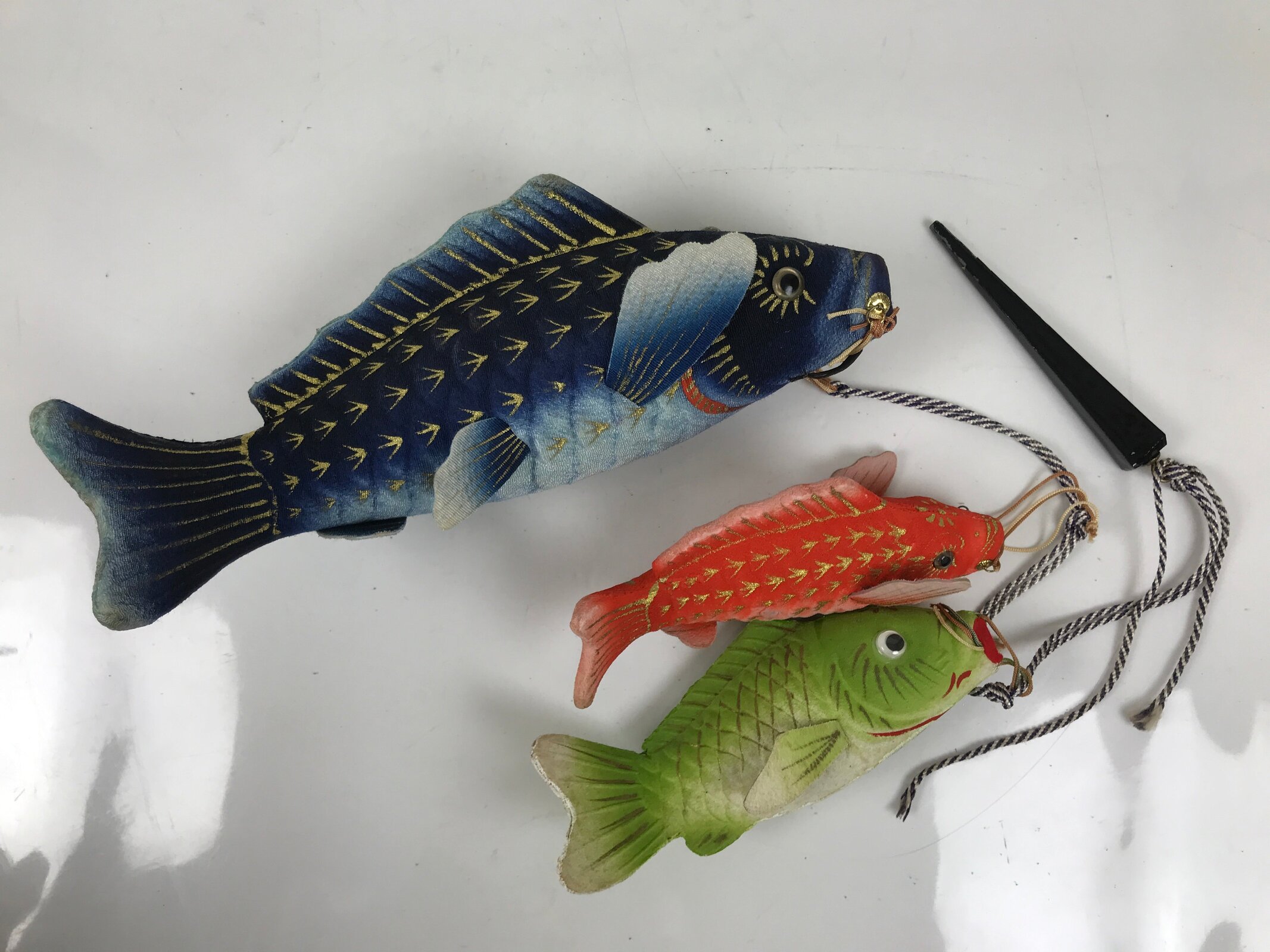 Japanese Boys' Day Koinobori Indoor Carp Streamer Display Vtg 2 Stands ID625