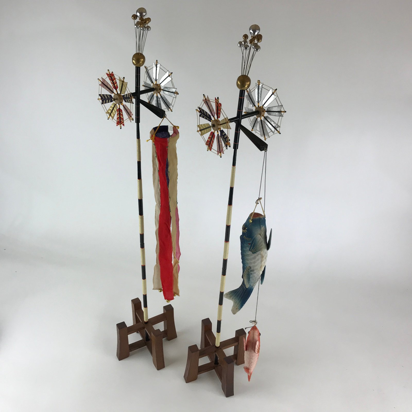 Japanese Boy's Day Koinobori Indoor Display 2 Stands Vtg Carp Streamer ID477