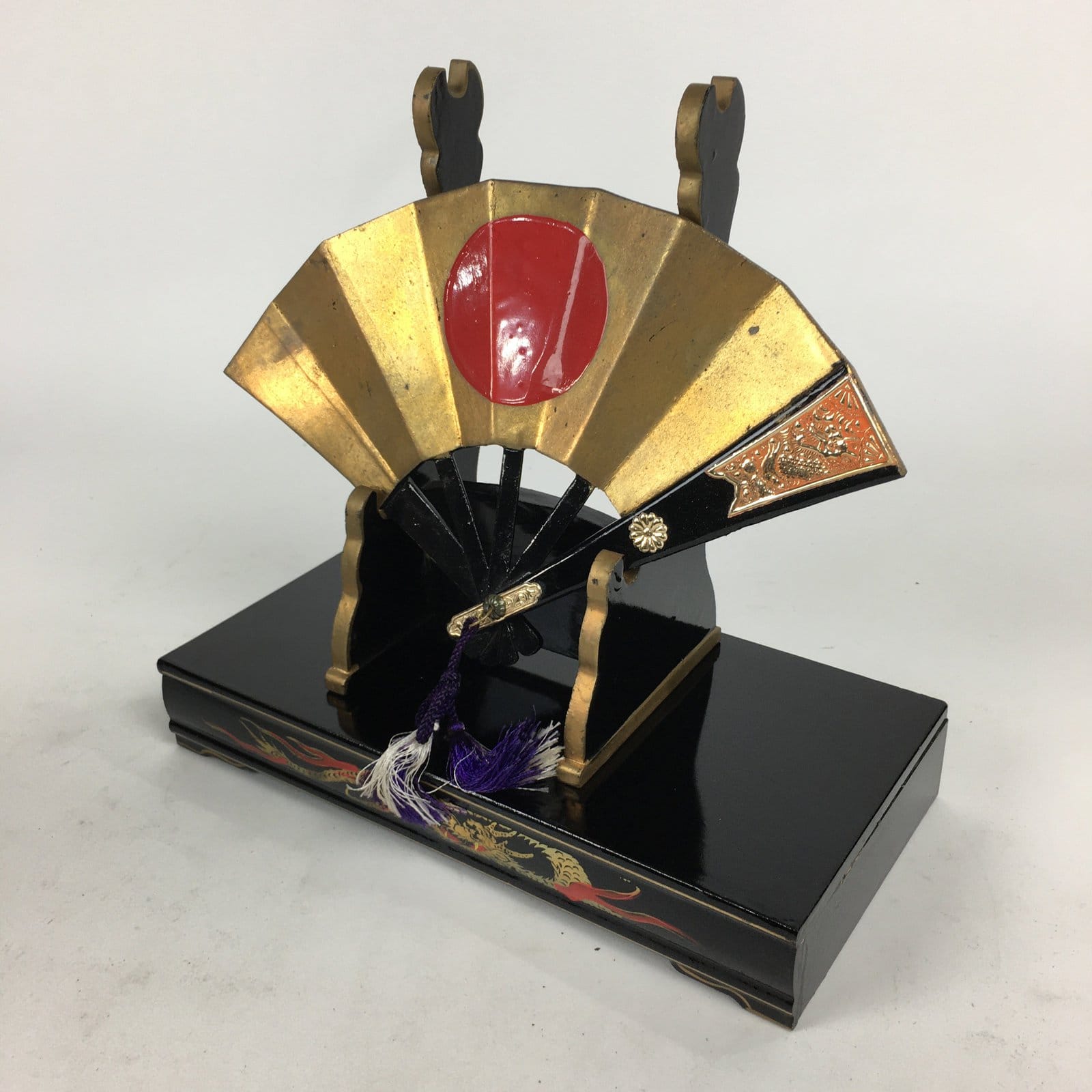 Japanese Boy's Day Wooden Folding Fan And Stand Set Vtg Japanese Flag ID398