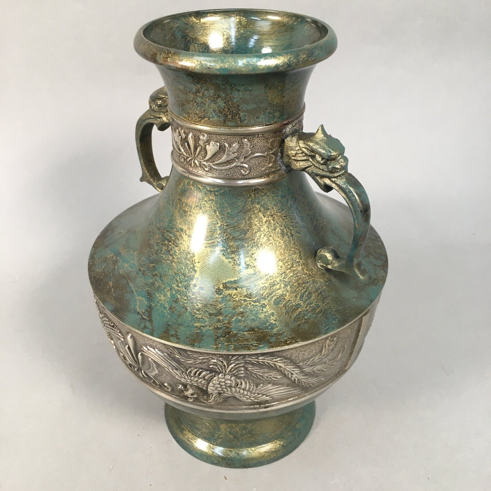 Japanese Bronze Flower Vase Vtg Cast Metal Kabin Ikebana Green Gold Shishi FV894