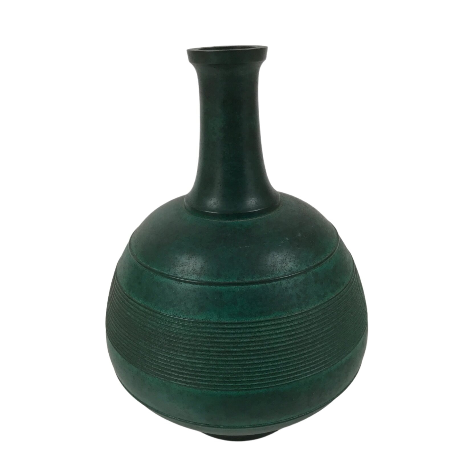 Japanese Bronze Metal Flower Vase Kabin Round Ikebana Arrangement Green FK165