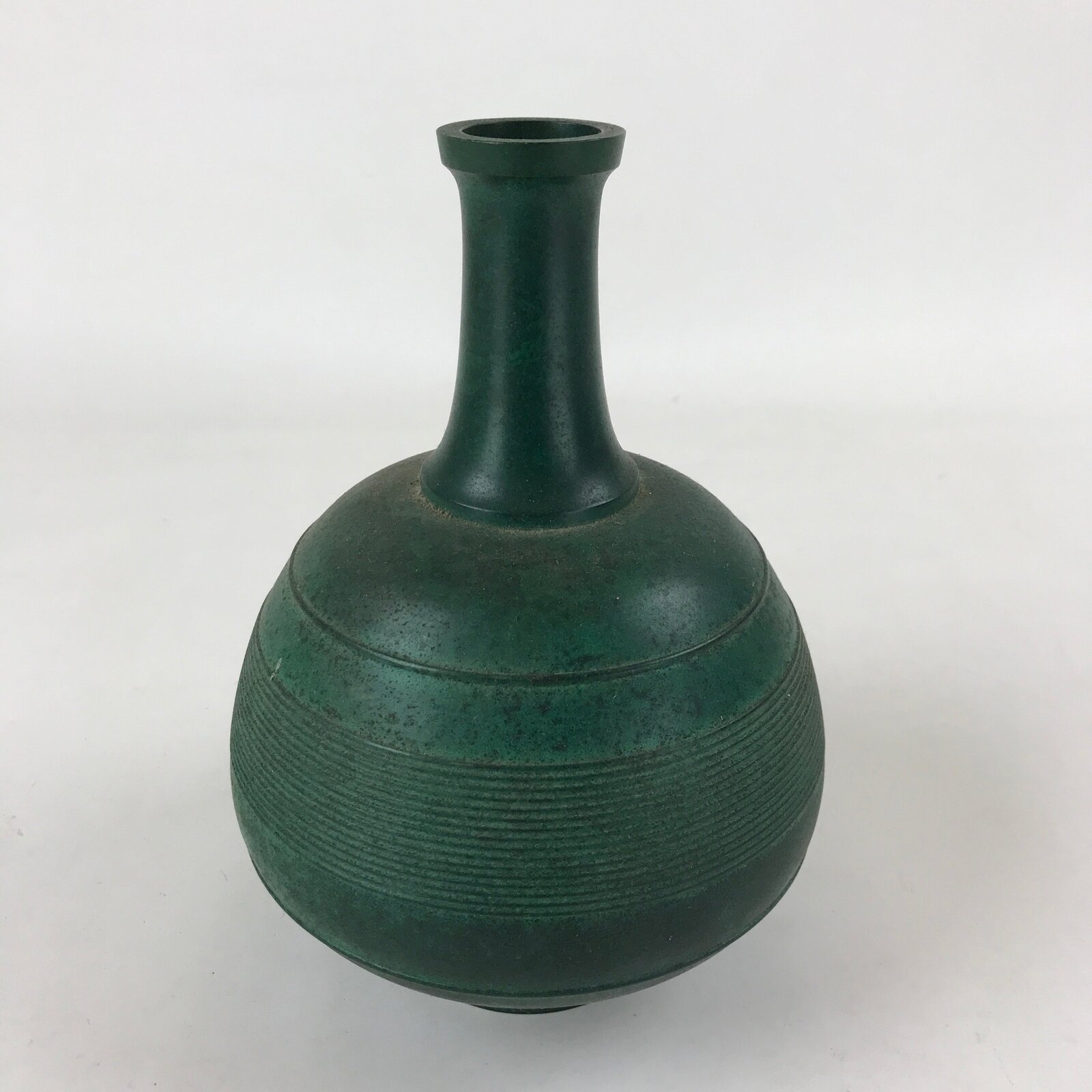 Japanese Bronze Metal Flower Vase Kabin Vtg Round Ikebana Arrangement Green FK81
