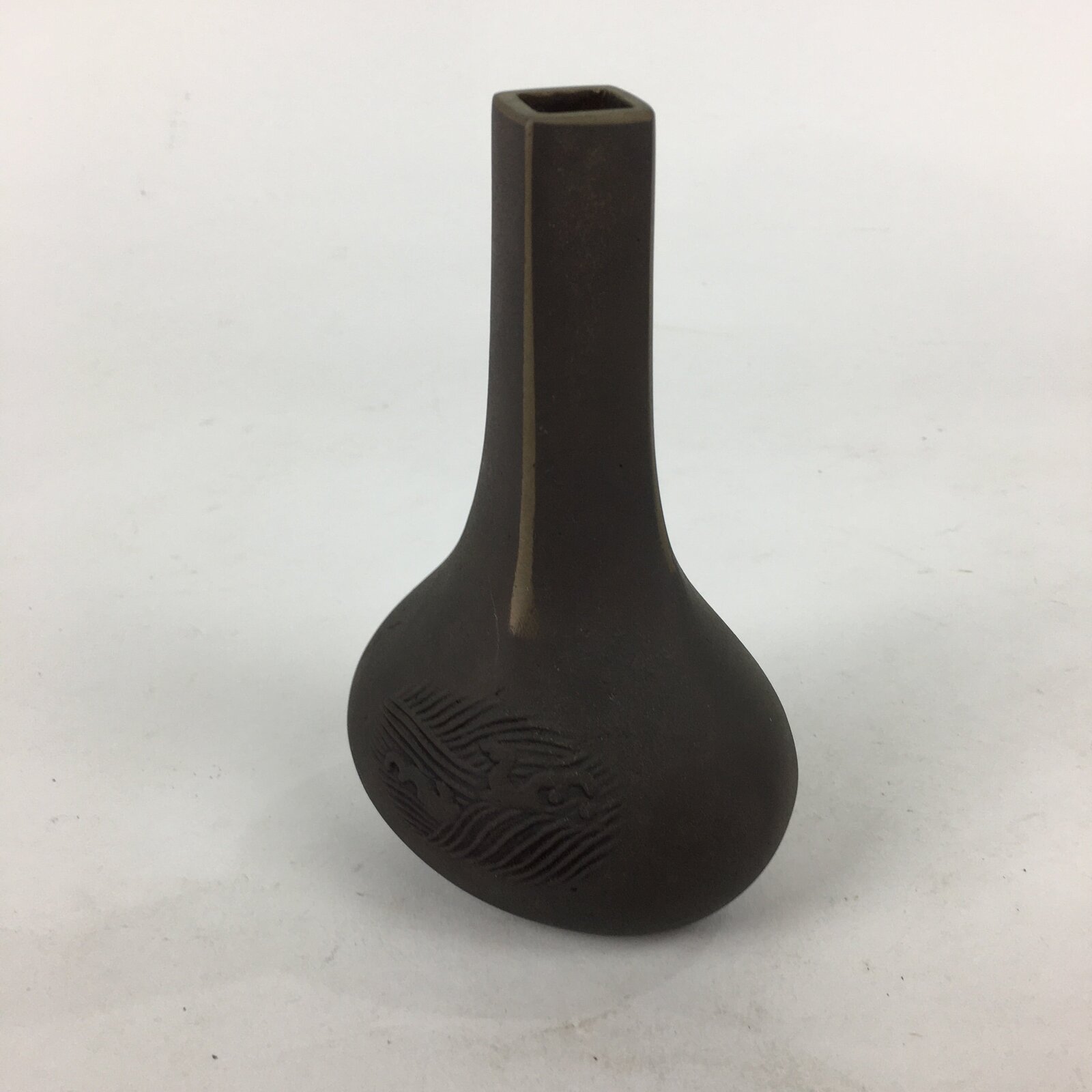 Japanese Bronze Single Flower Vase Kabin Vtg Wave Design Brown FV977