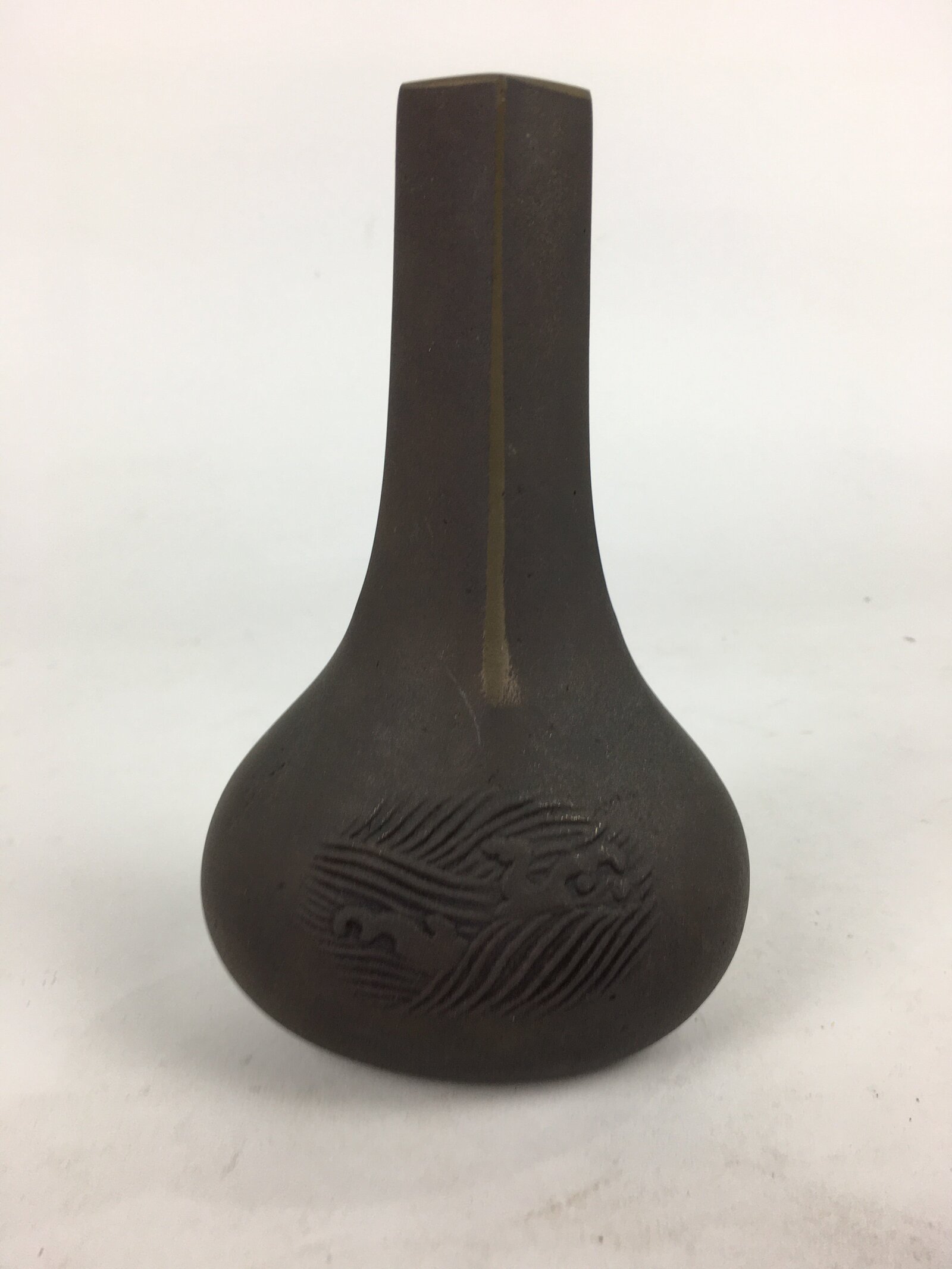 Japanese Bronze Single Flower Vase Kabin Vtg Wave Design Brown FV977