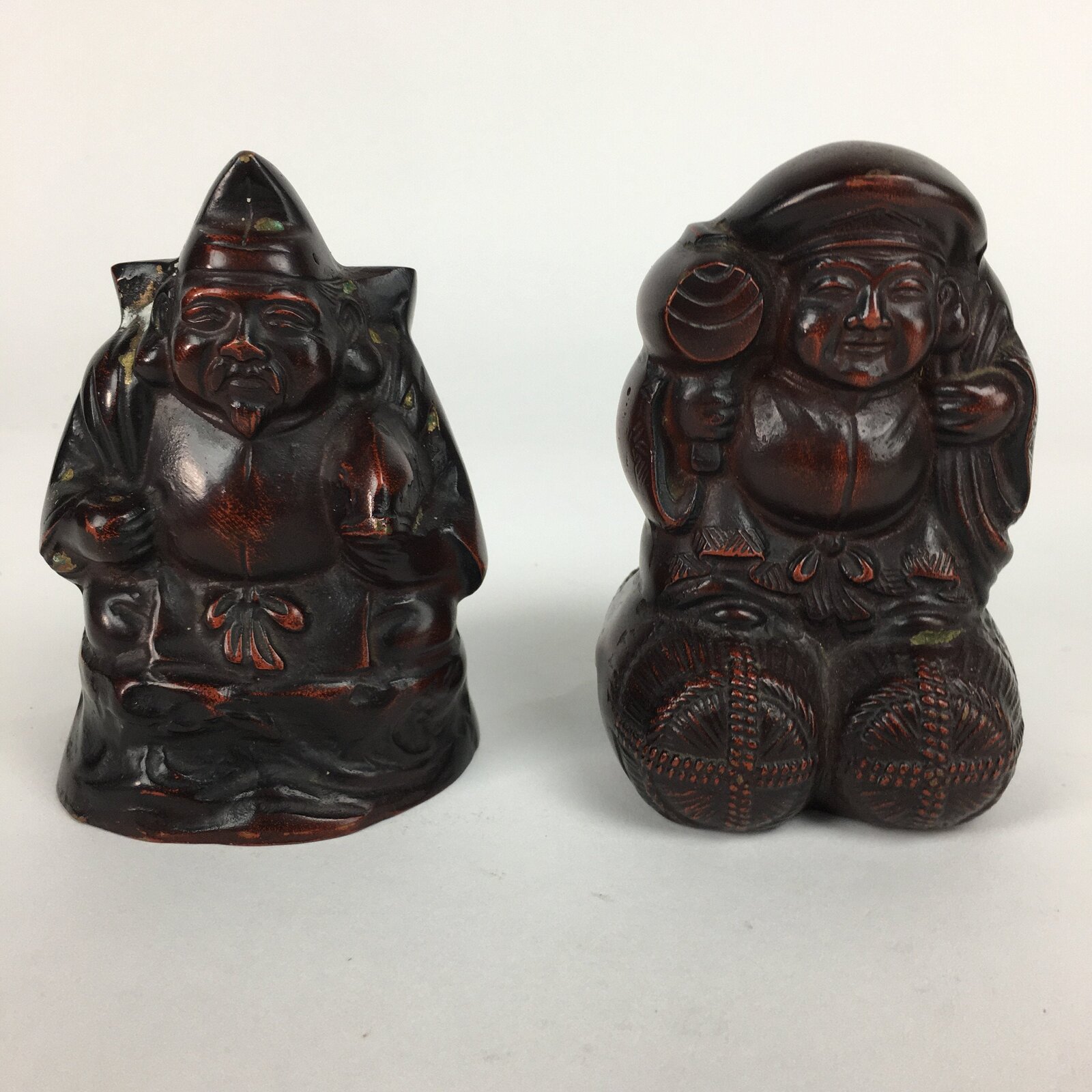 Japanese Bronze Statue Vtg 7 Lucky Gods Ebisu Daikokuten Wooden Box PX543