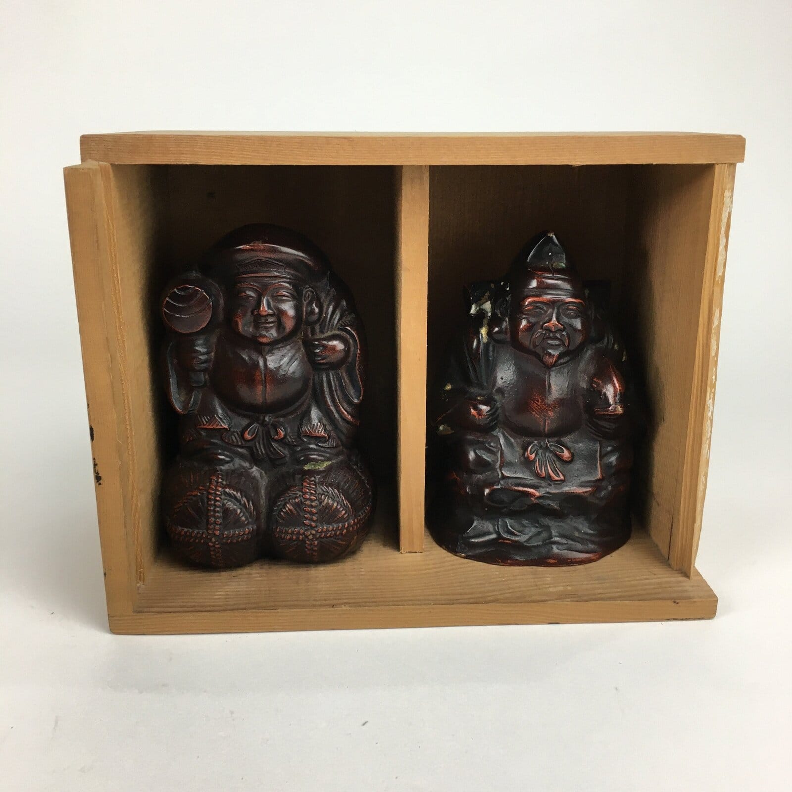 Japanese Bronze Statue Vtg 7 Lucky Gods Ebisu Daikokuten Wooden Box PX543