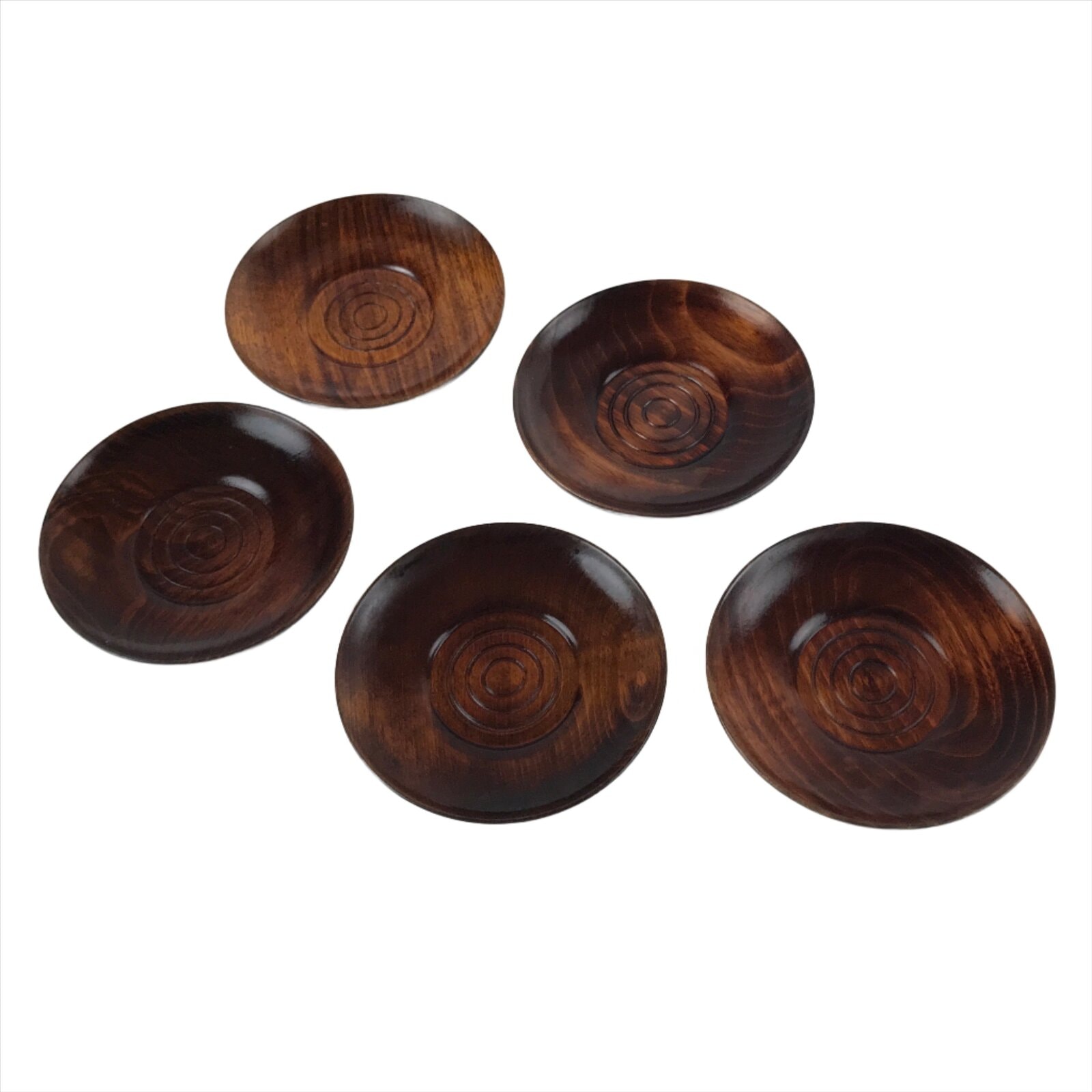 Japanese Brushed Lacquer Wooden Drink Saucer Vtg Chataku Coaster 5pc Brown L130