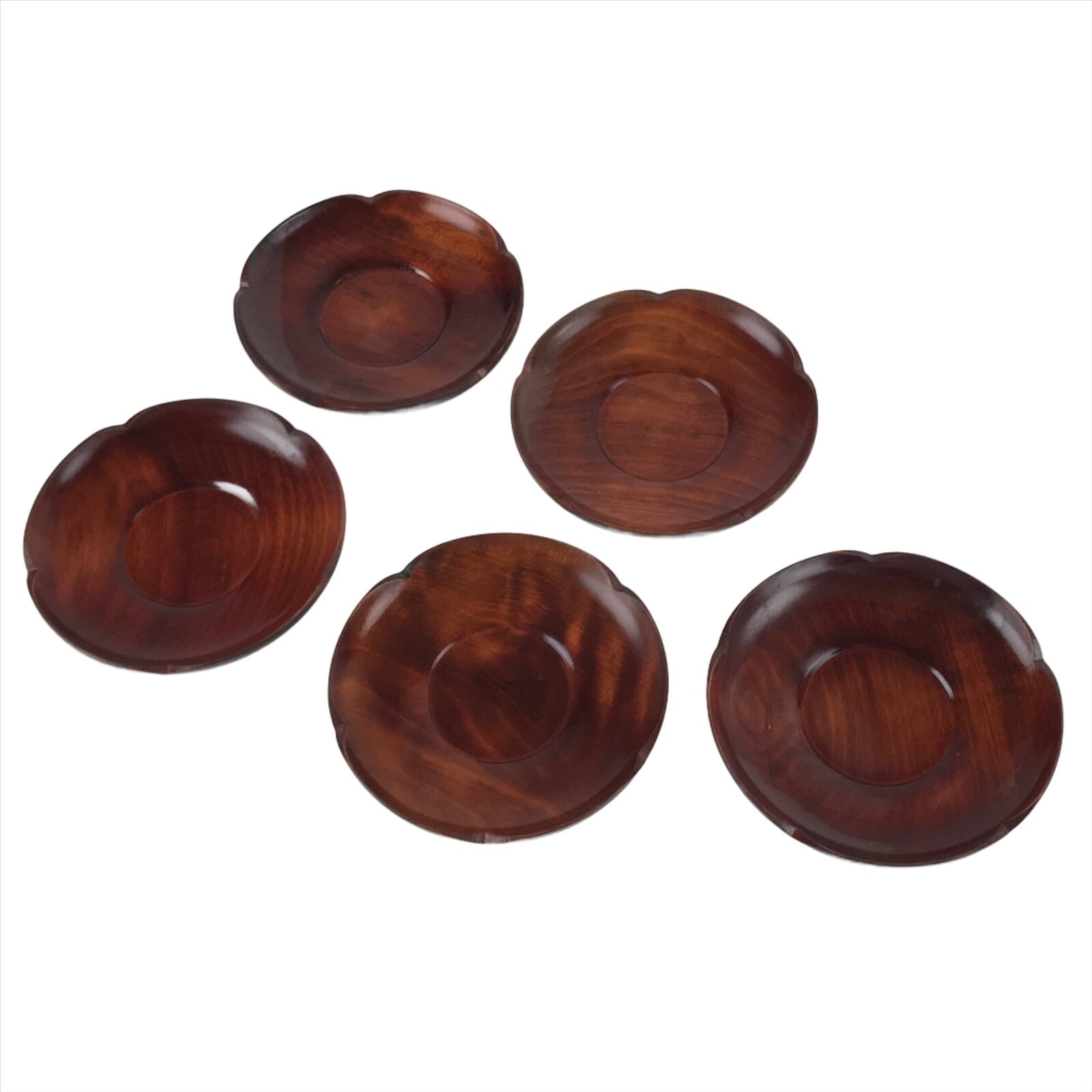 Japanese Brushed Lacquer Wooden Drink Saucer Vtg Chataku Coaster 5pc Brown L131