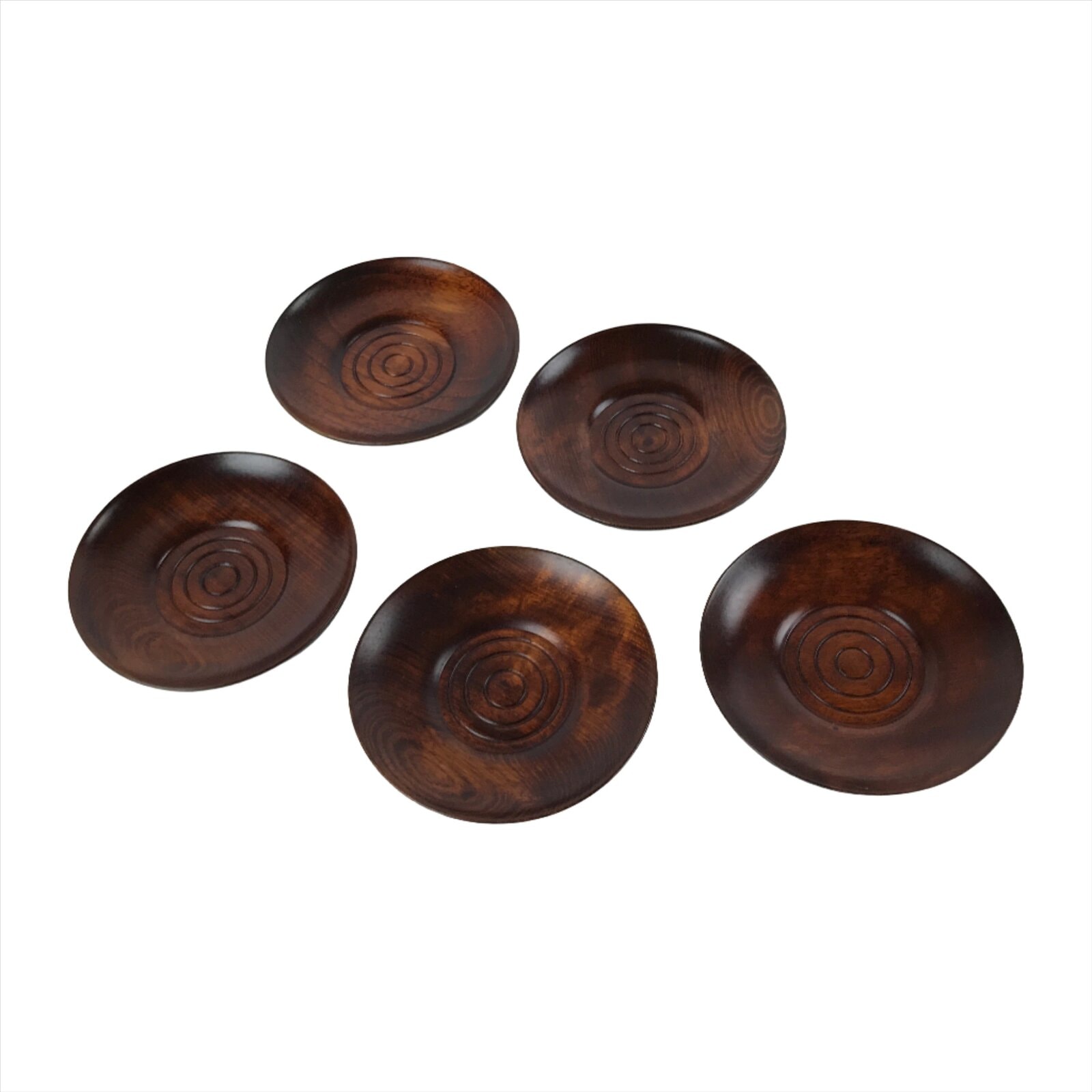 Japanese Brushed Lacquer Wooden Drink Saucer Vtg Chataku Coaster 5pc Brown L232