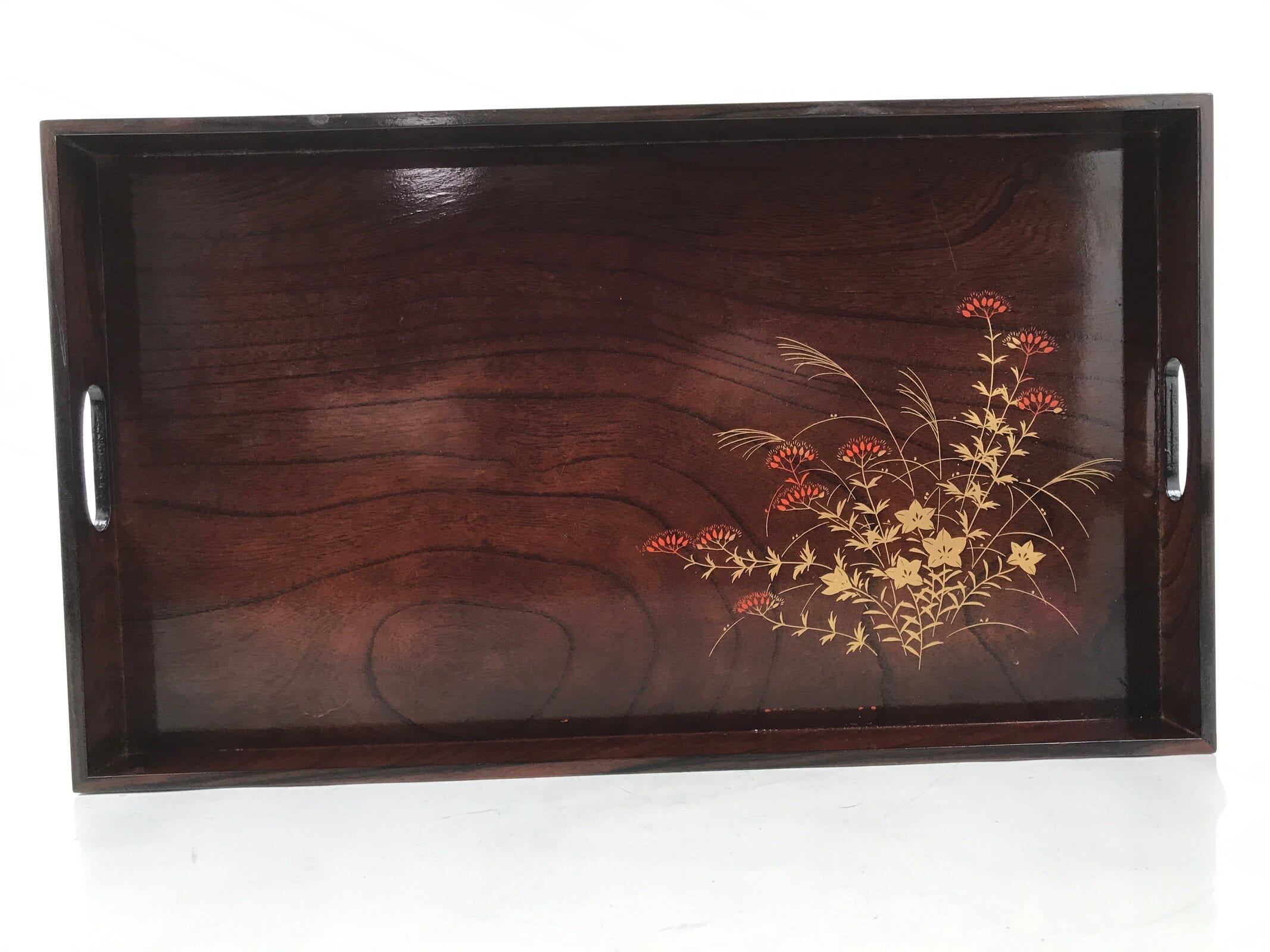 Japanese Brushed Lacquer Wooden Serving Tray Vtg Obon Makie Kikyo Flowers L421