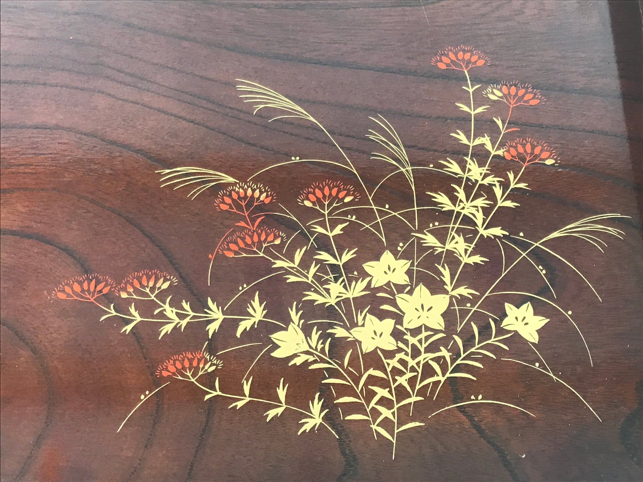 Japanese Brushed Lacquer Wooden Serving Tray Vtg Obon Makie Kikyo Flowers L421