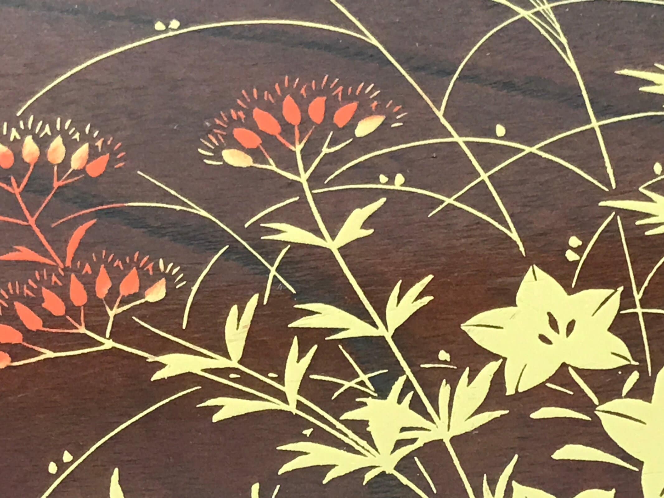 Japanese Brushed Lacquer Wooden Serving Tray Vtg Obon Makie Kikyo Flowers L421