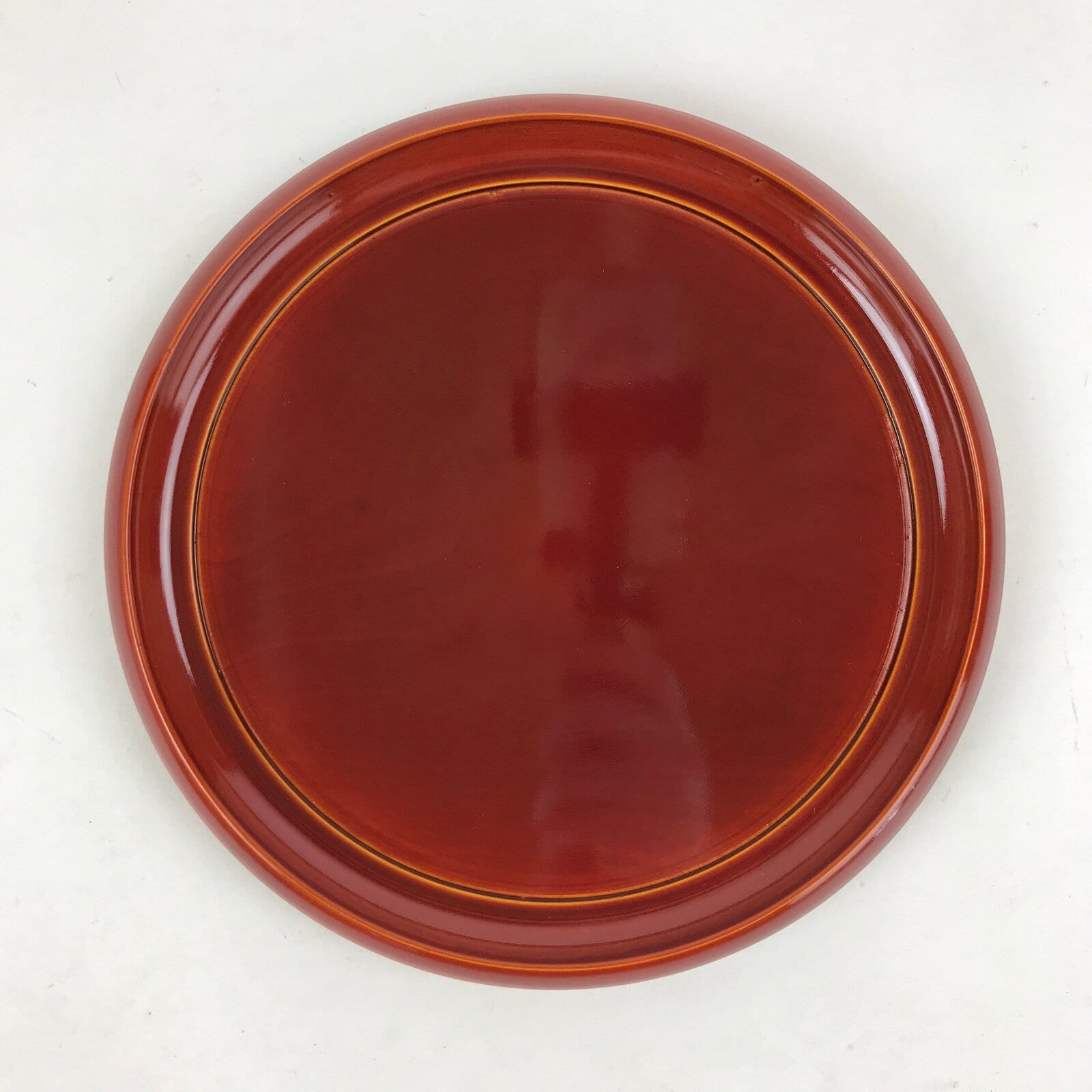 Japanese Brushed Lacquer Wooden Serving Tray Vtg Round Brown Shunkei Obon L36