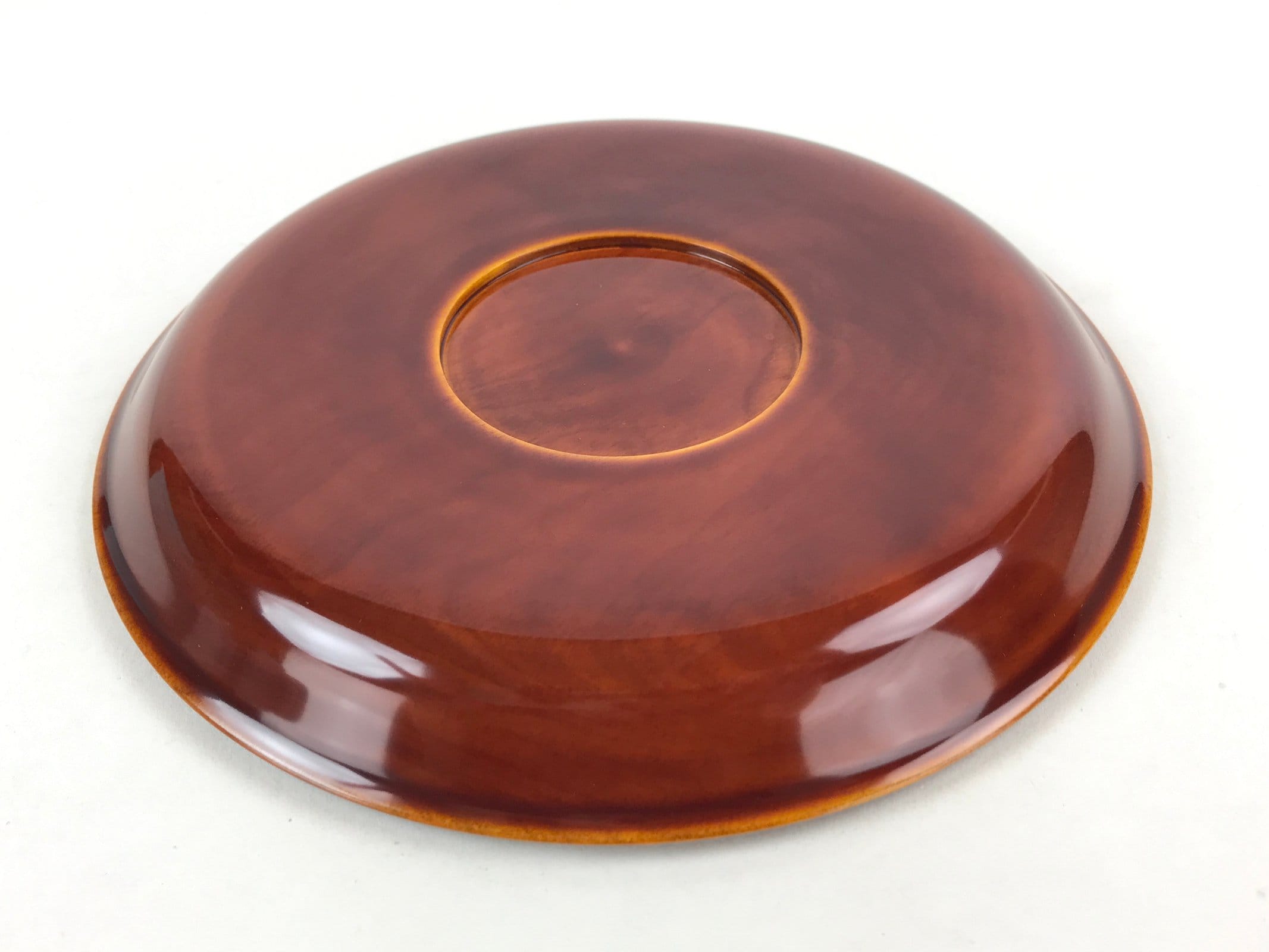 Japanese Brushed Lacquer Wooden Serving Tray Vtg Shunkei Round Obon Brown L35
