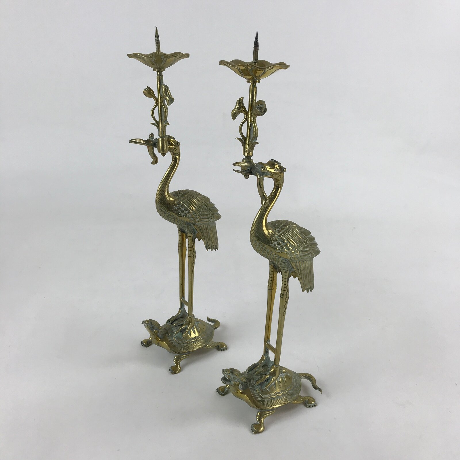 Japanese Buddhist Altar Brass Candle Stand Shokudai Vtg 2pc Crane Turtle BA91