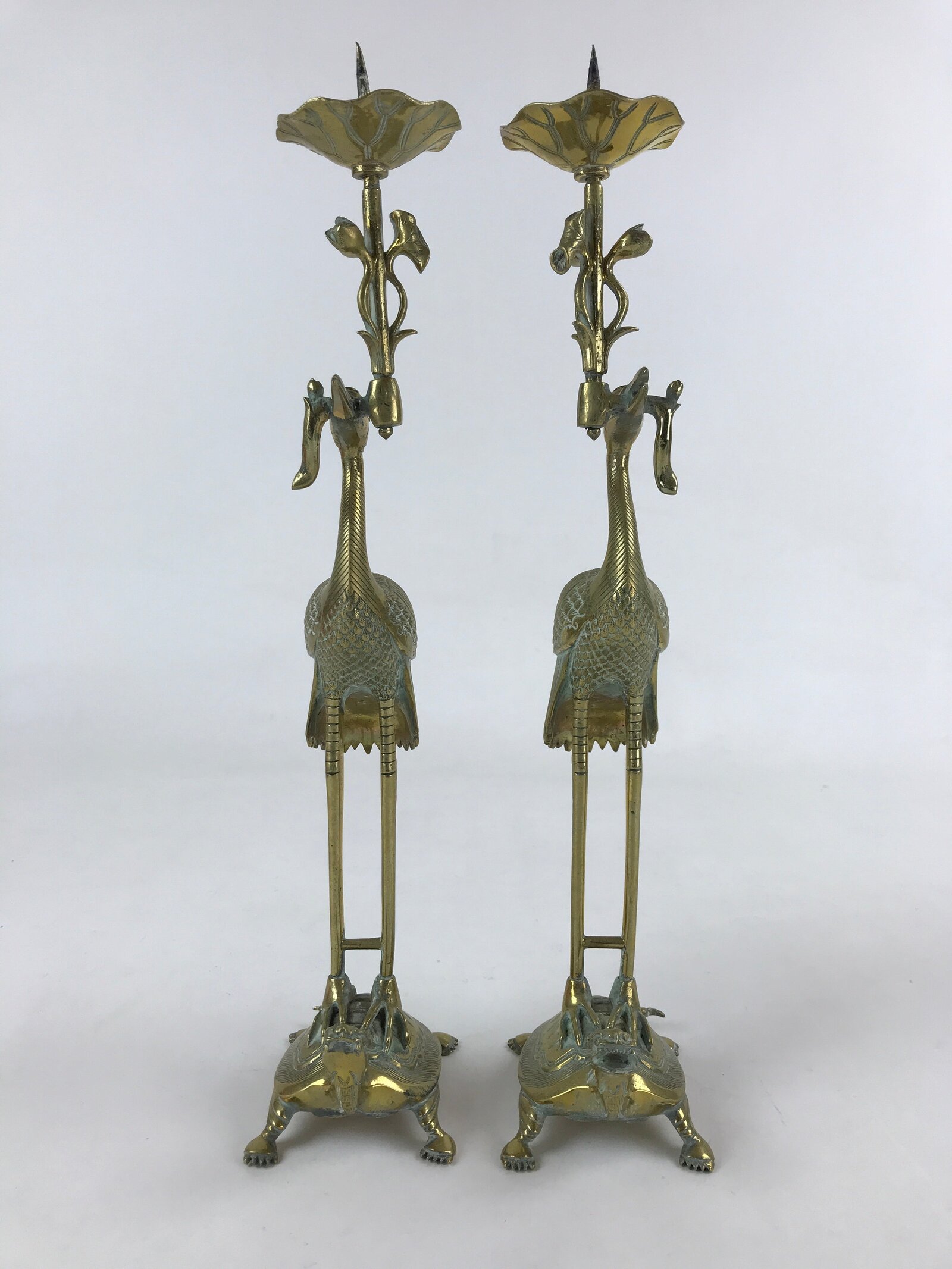 Japanese Buddhist Altar Brass Candle Stand Shokudai Vtg 2pc Crane Turtle BA91