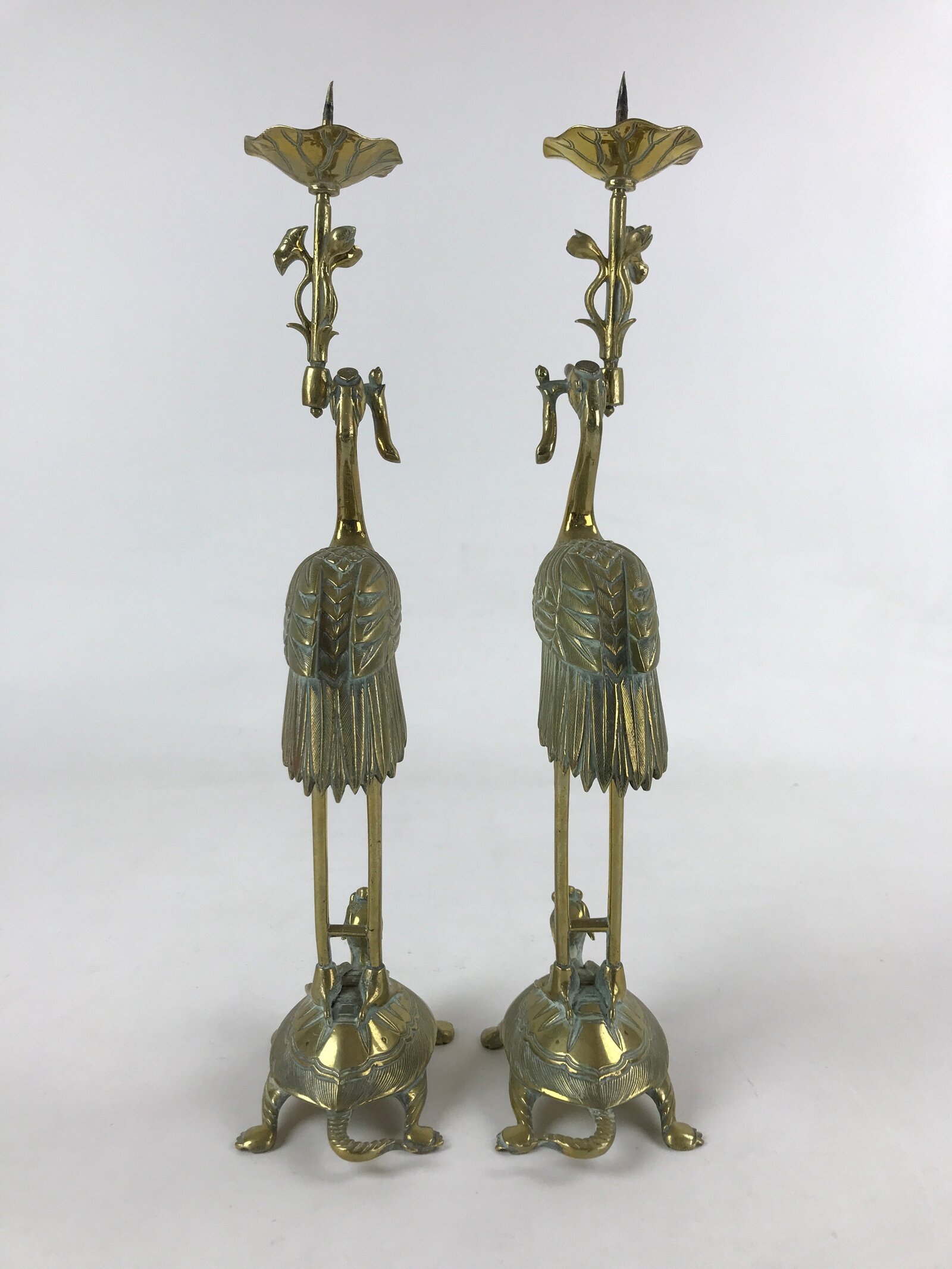 Japanese Buddhist Altar Brass Candle Stand Shokudai Vtg 2pc Crane Turtle BA91