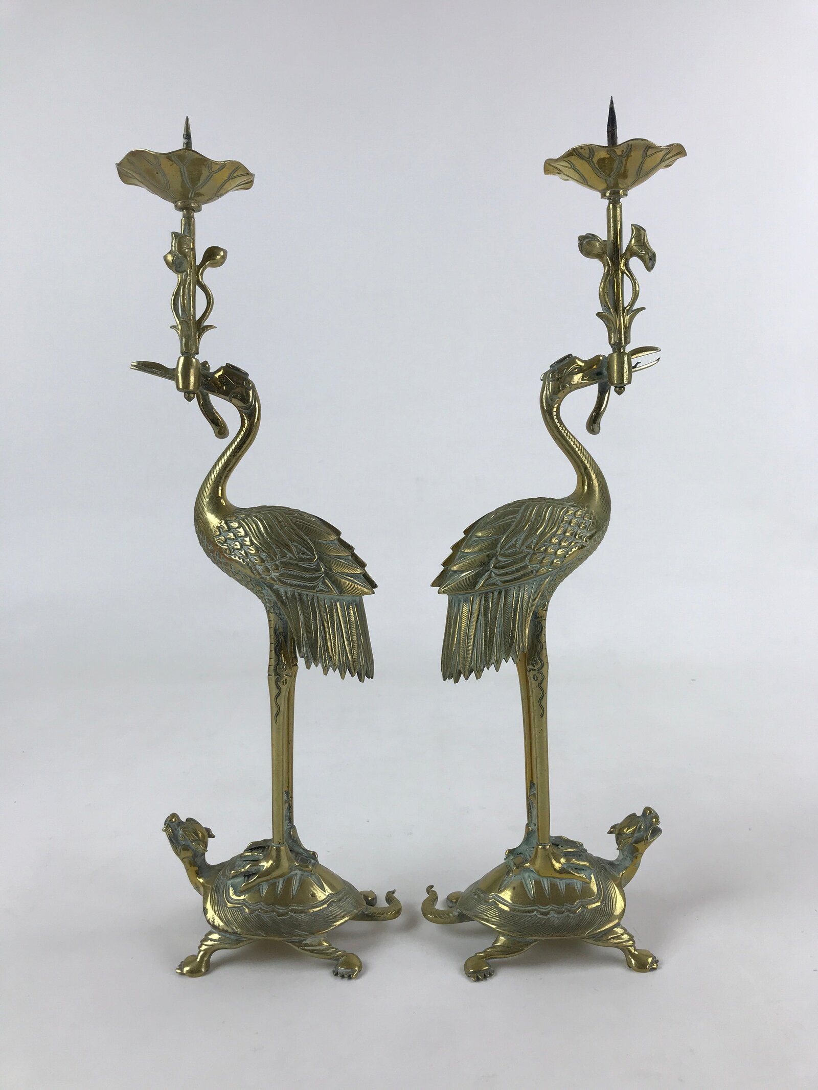 Japanese Buddhist Altar Brass Candle Stand Shokudai Vtg 2pc Crane Turtle BA91