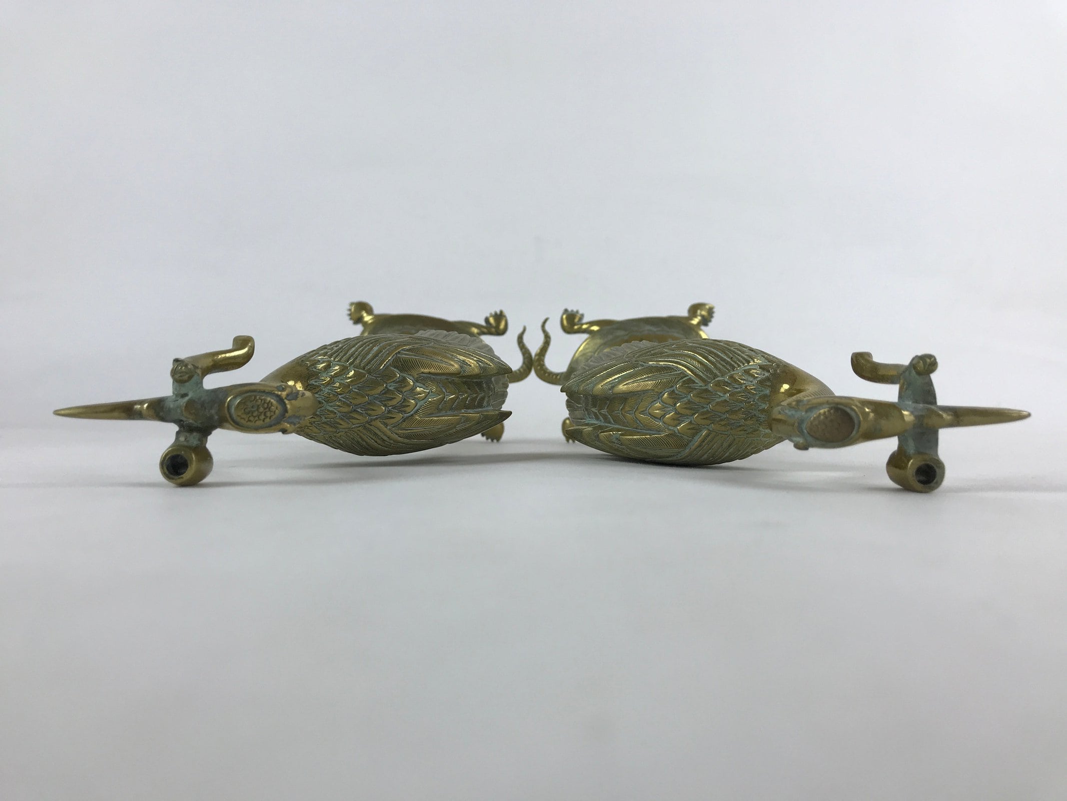 Japanese Buddhist Altar Brass Candle Stand Shokudai Vtg 2pc Crane Turtle BA91