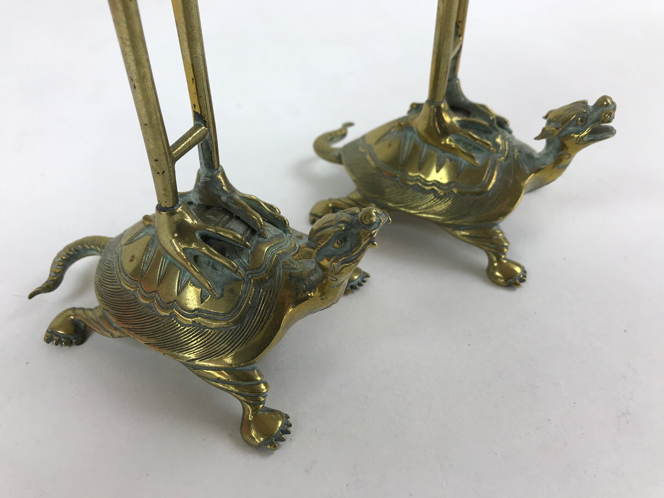 Japanese Buddhist Altar Brass Candle Stand Shokudai Vtg 2pc Crane Turtle BA91