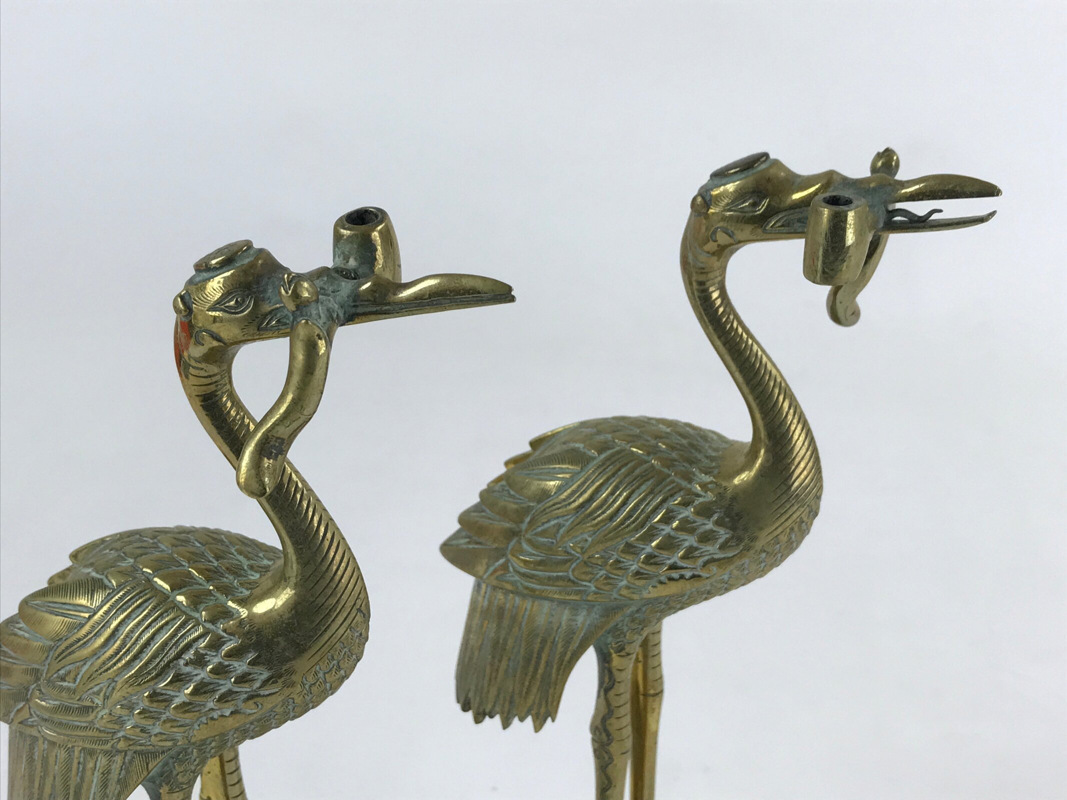 Japanese Buddhist Altar Brass Candle Stand Shokudai Vtg 2pc Crane Turtle BA91