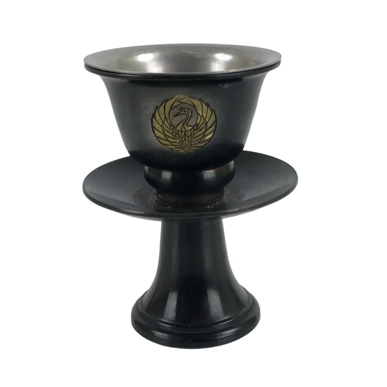 Japanese Buddhist Altar Bronze Water Offering Cup Tea Chaki Black Stand BA400