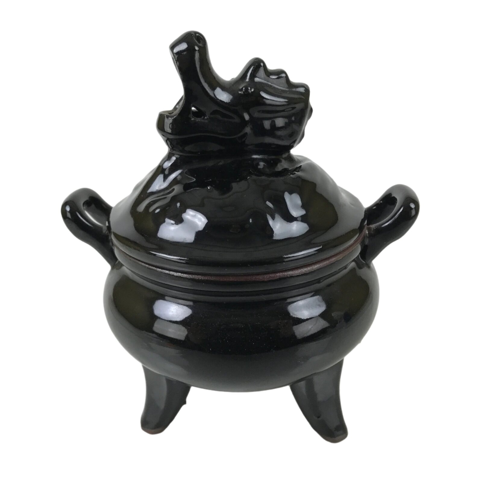 Japanese Buddhist Altar Ceramic Incense Burner Koro Vtg Black Dragon Brown BA544