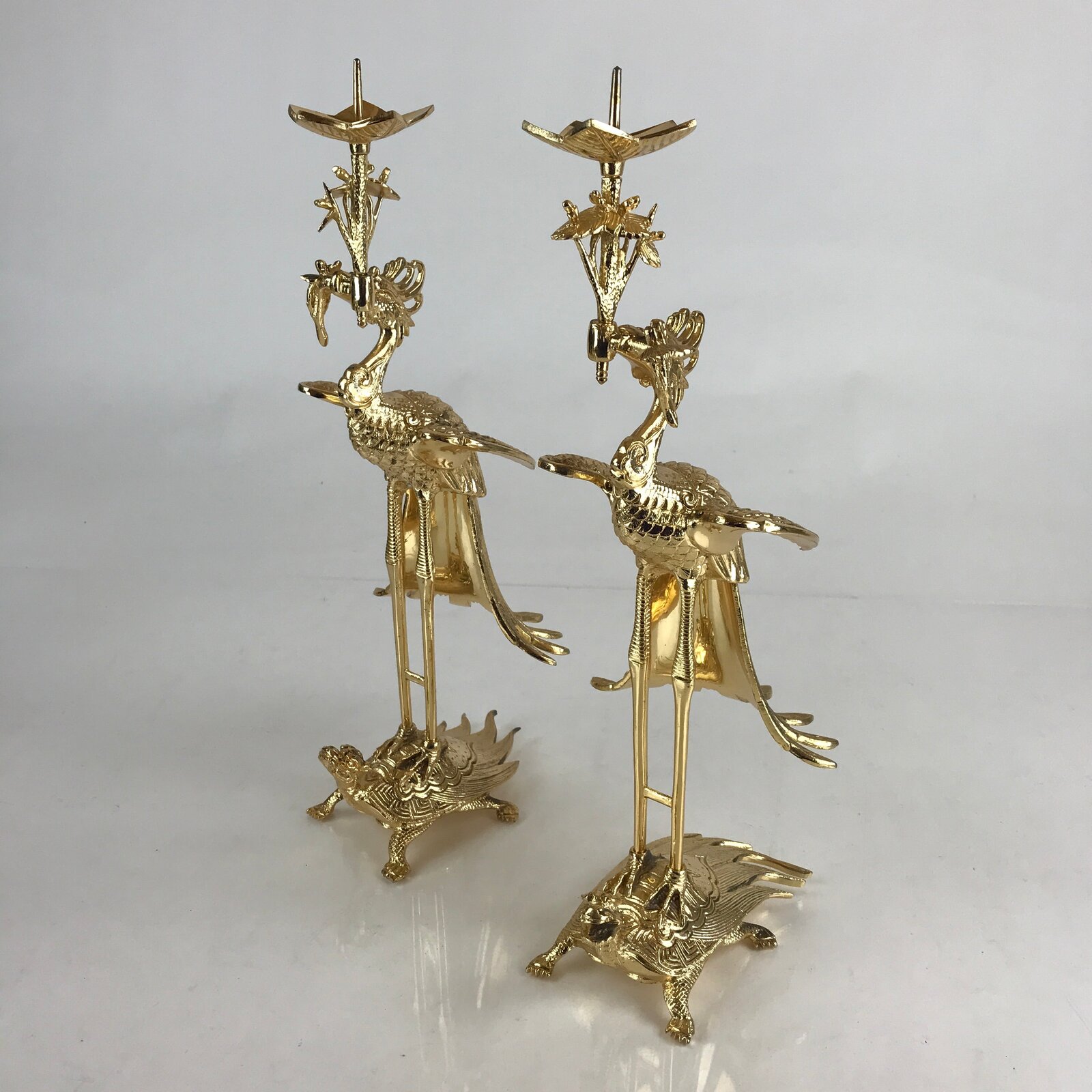 Japanese Buddhist Altar Fitting 2pc Candle Stands Vtg Brass Shokudai Butsudan BU