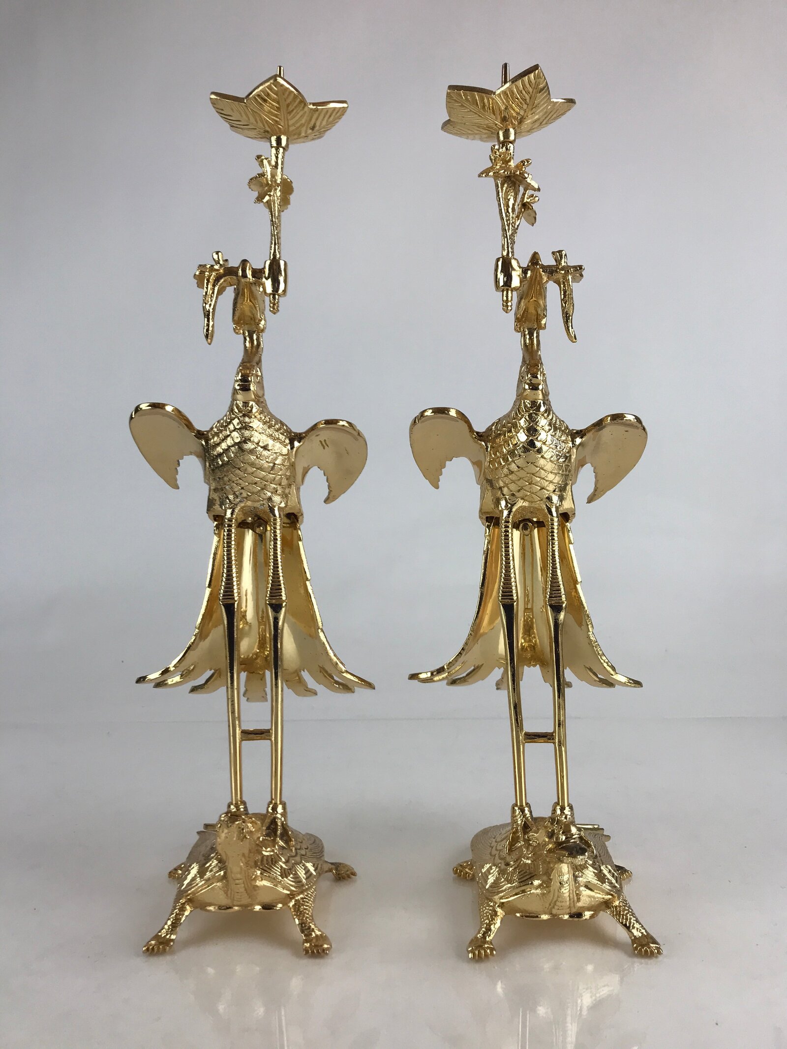 Japanese Buddhist Altar Fitting 2pc Candle Stands Vtg Brass Shokudai Butsudan BU