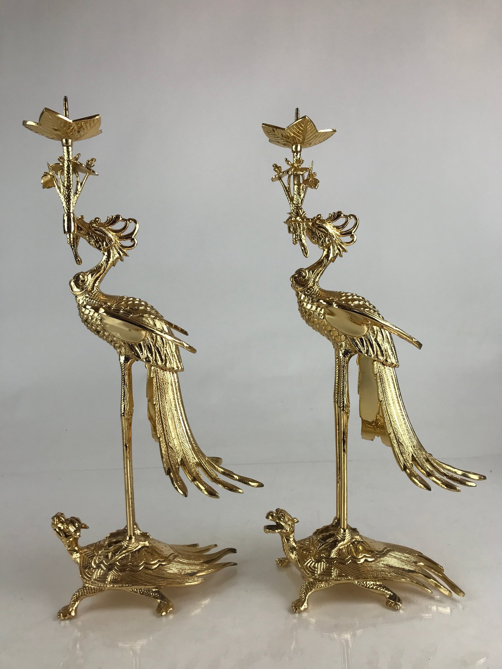 Japanese Buddhist Altar Fitting 2pc Candle Stands Vtg Brass Shokudai Butsudan BU