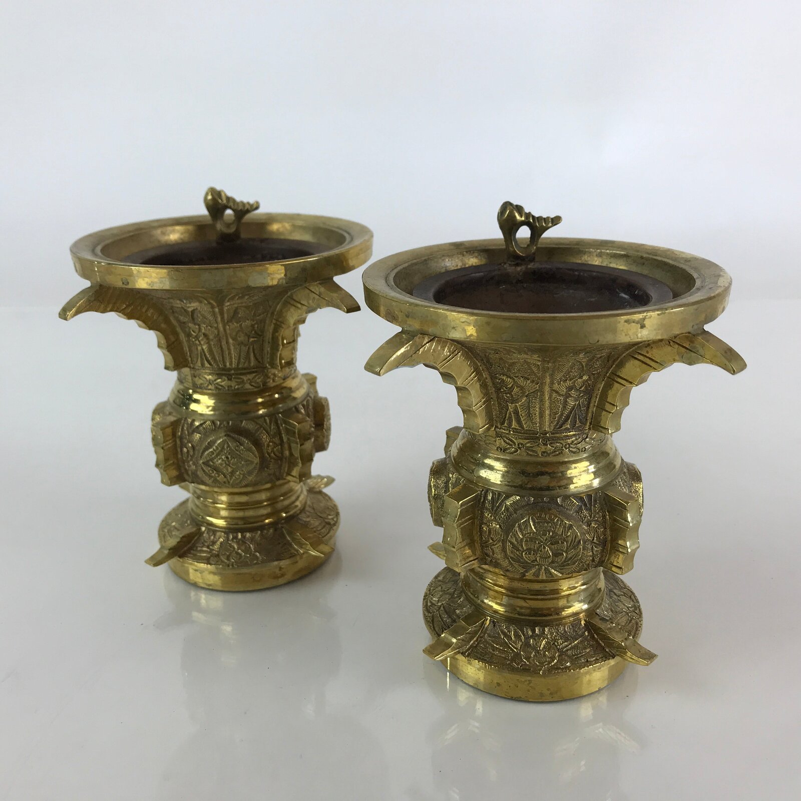 Japanese Buddhist Altar Fitting 2pc Flower Vase Stand Brass Gold Hanatate BU828