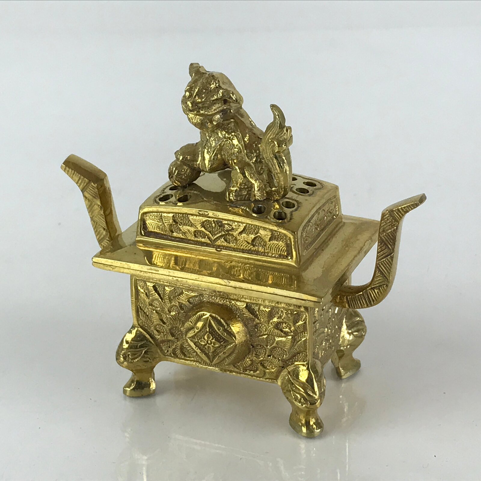 Japanese Buddhist Altar Fitting Brass Incense Burner Vtg Shishi Koro Gold BU830